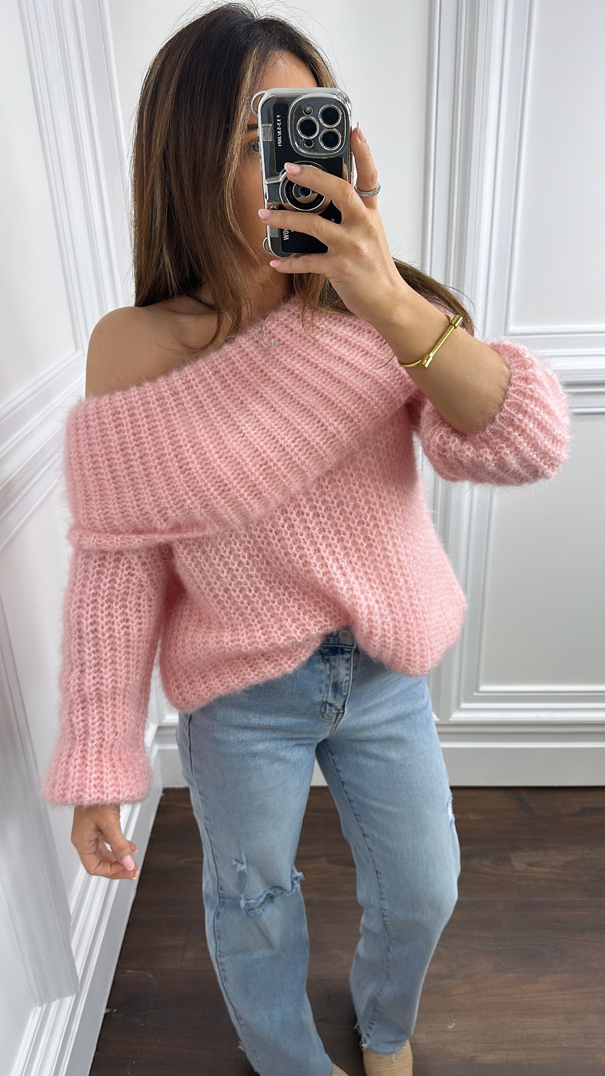 EMILY pale pink off the shoulder fluffy jumper