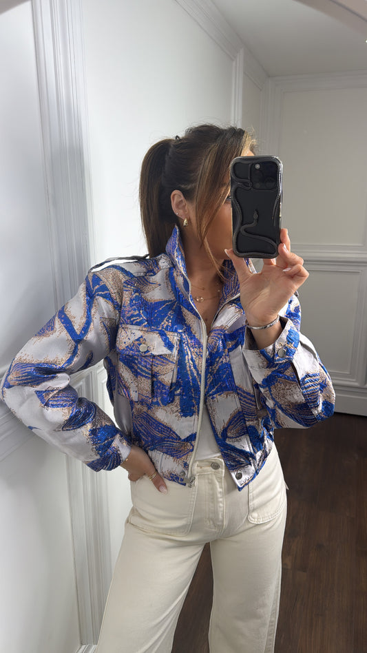 CHARLIZE electric blue luxe bomber jacket