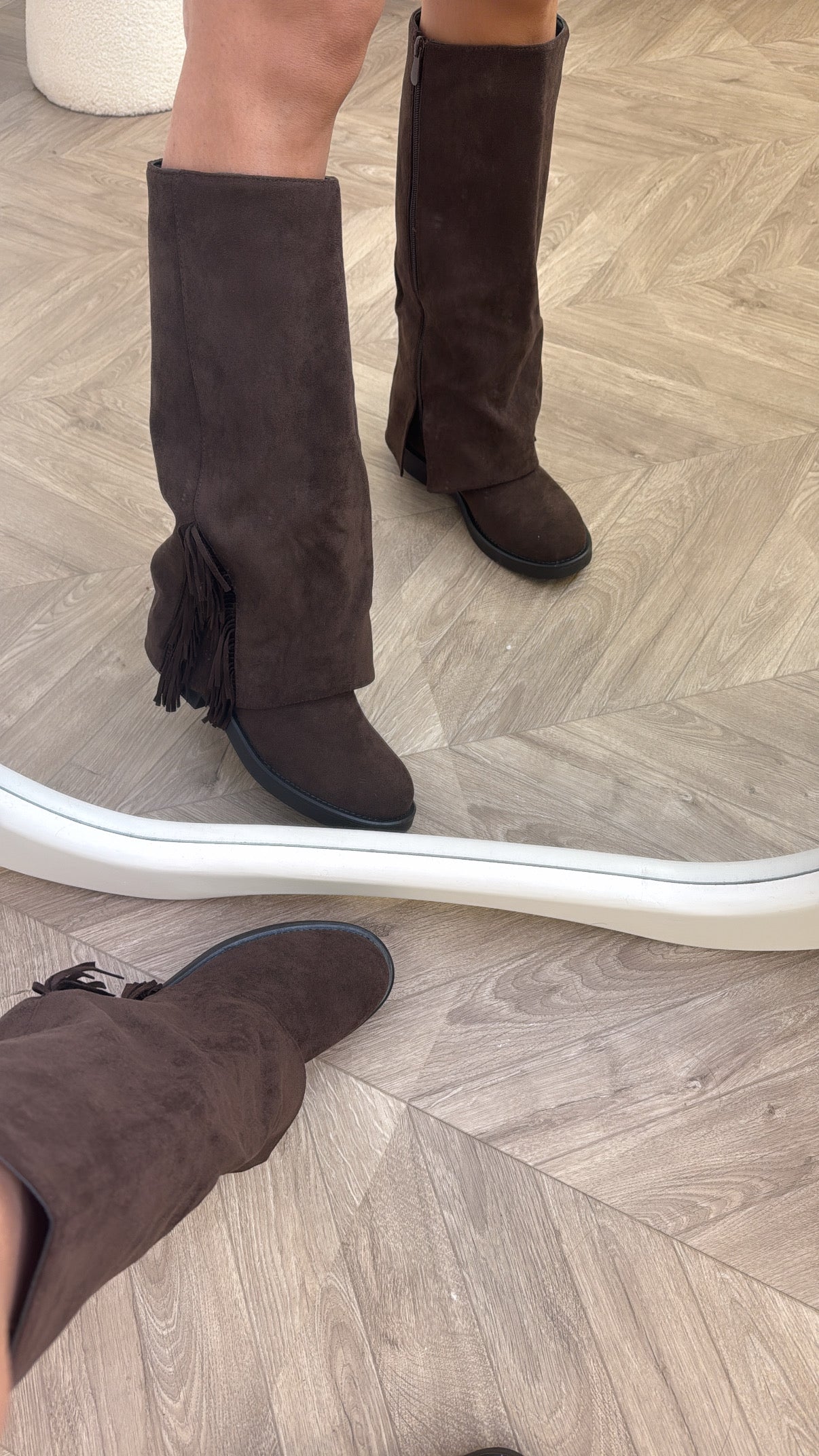 AMAYA brown faux suede tassle boots