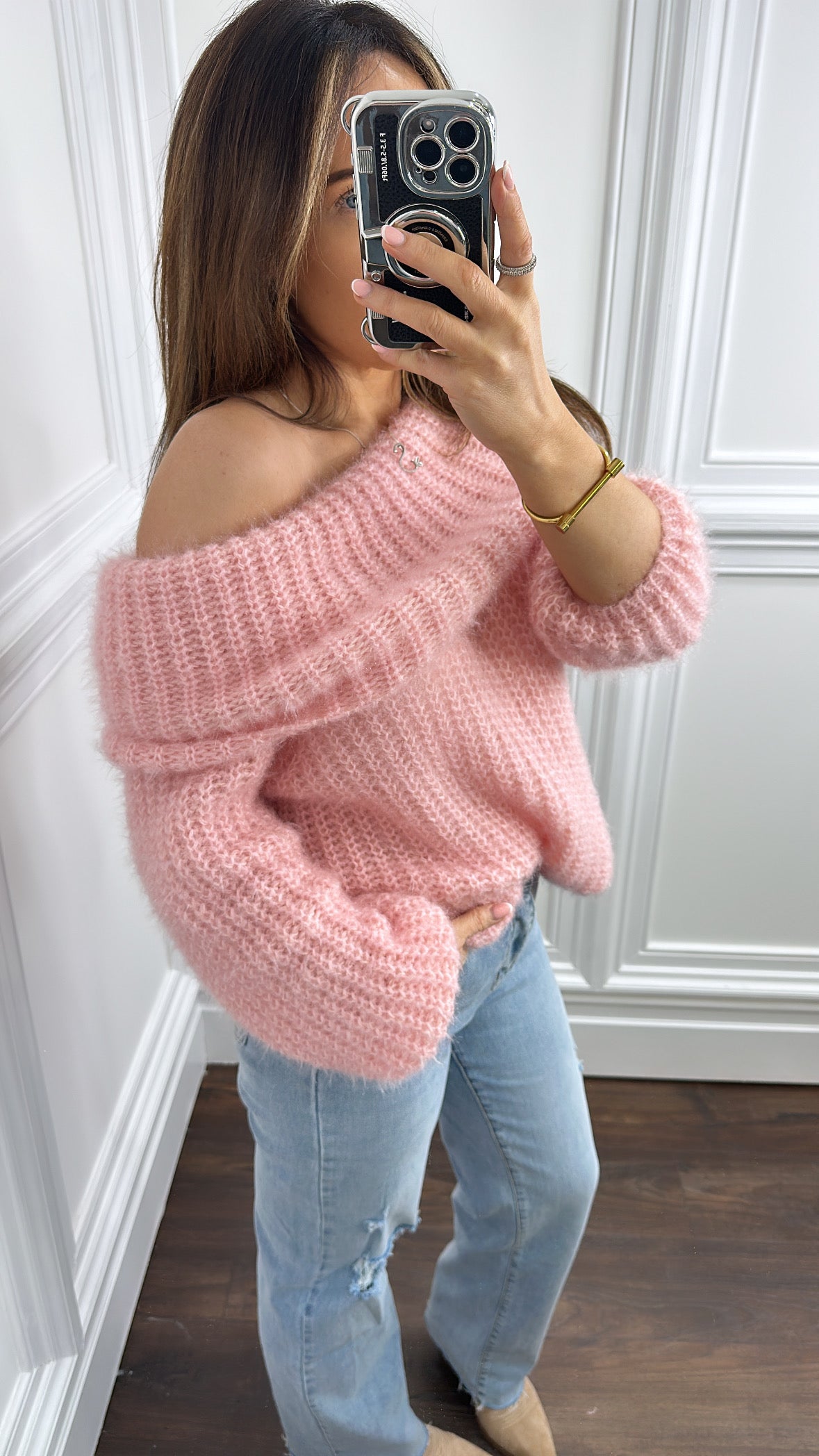 EMILY pale pink off the shoulder fluffy jumper