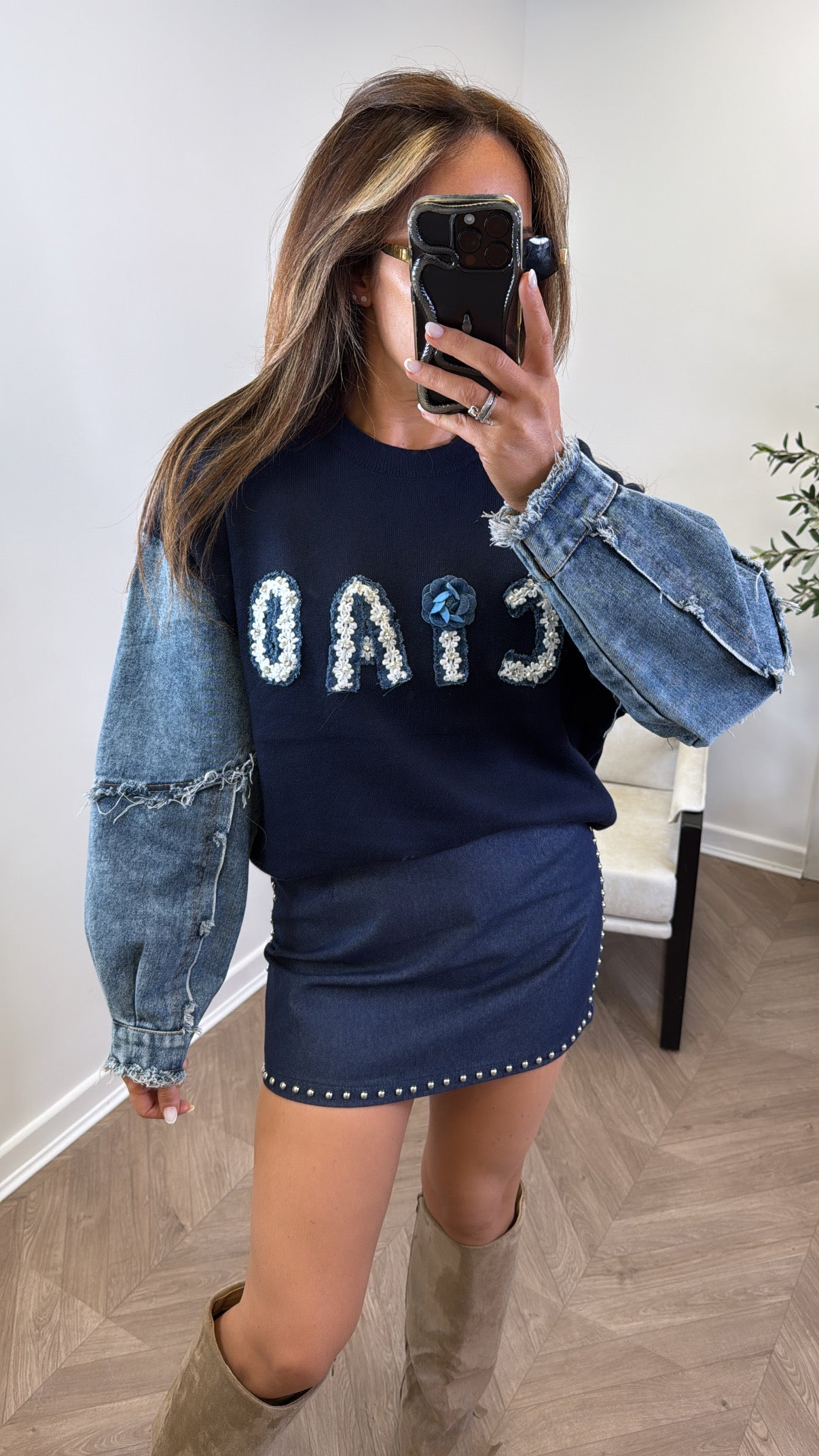 CIAO navy denim contrast logo jumper