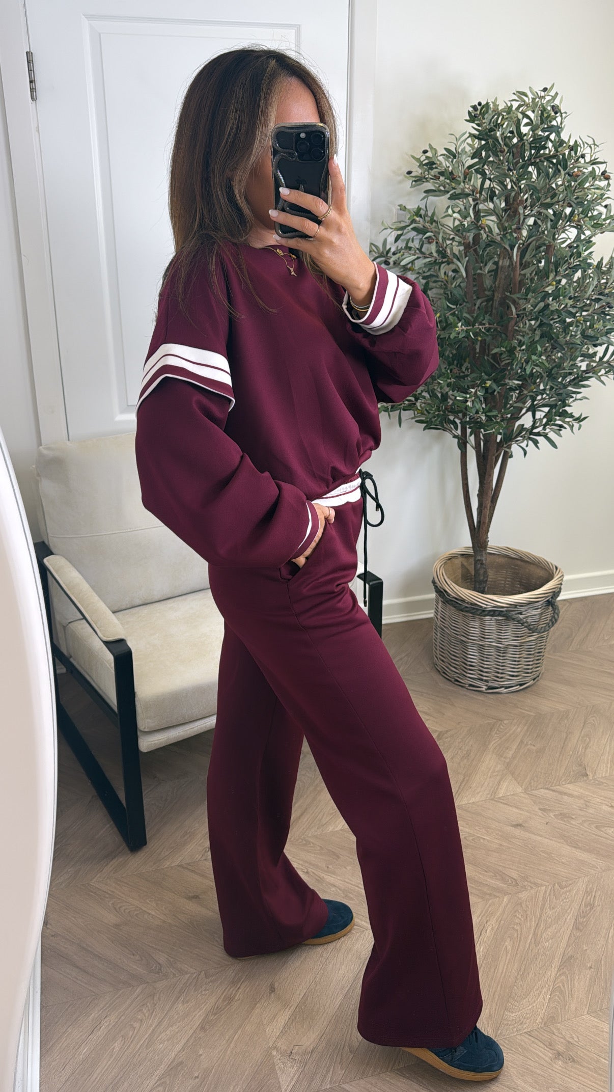 GINA cherry red contrast stripe top and wide leg joggers tracksuit