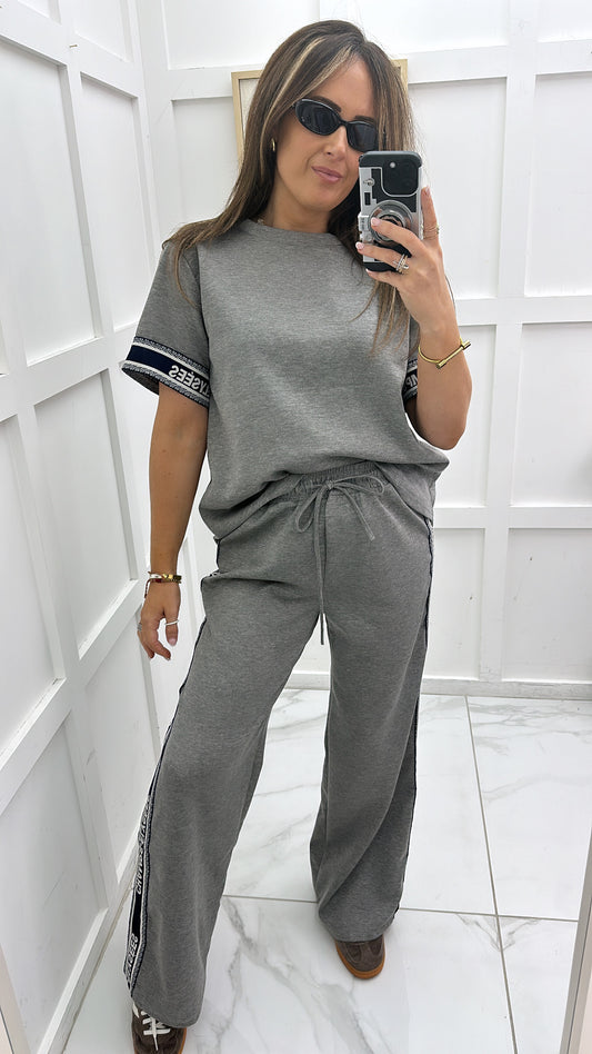 CHAMPS ELYSEE grey top and jogger tracksuit side panel slogan