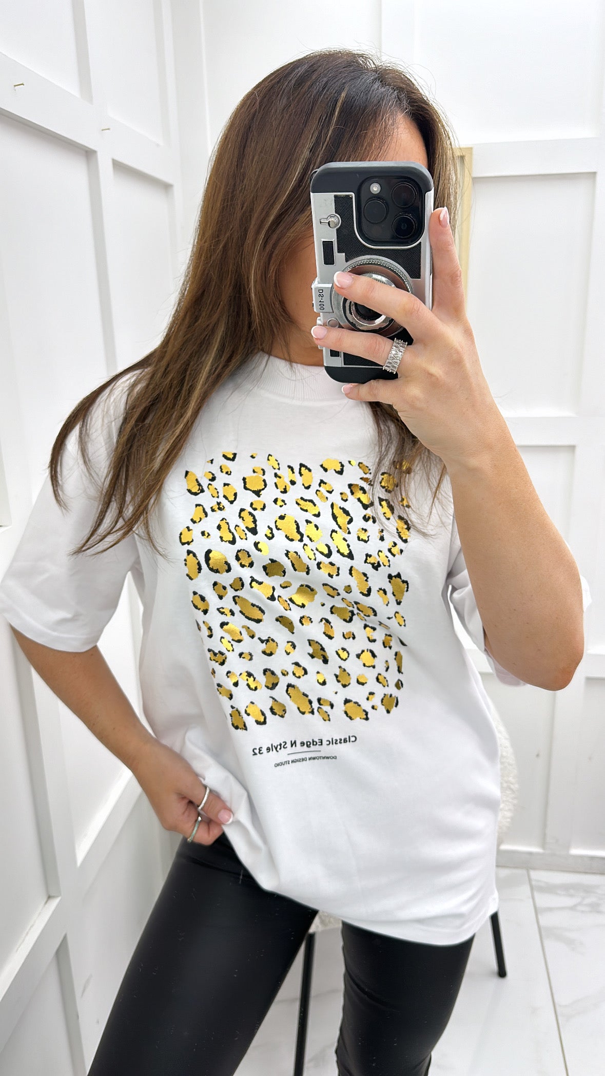 ALEXA white t-shirt with gold leopard print foil graphic