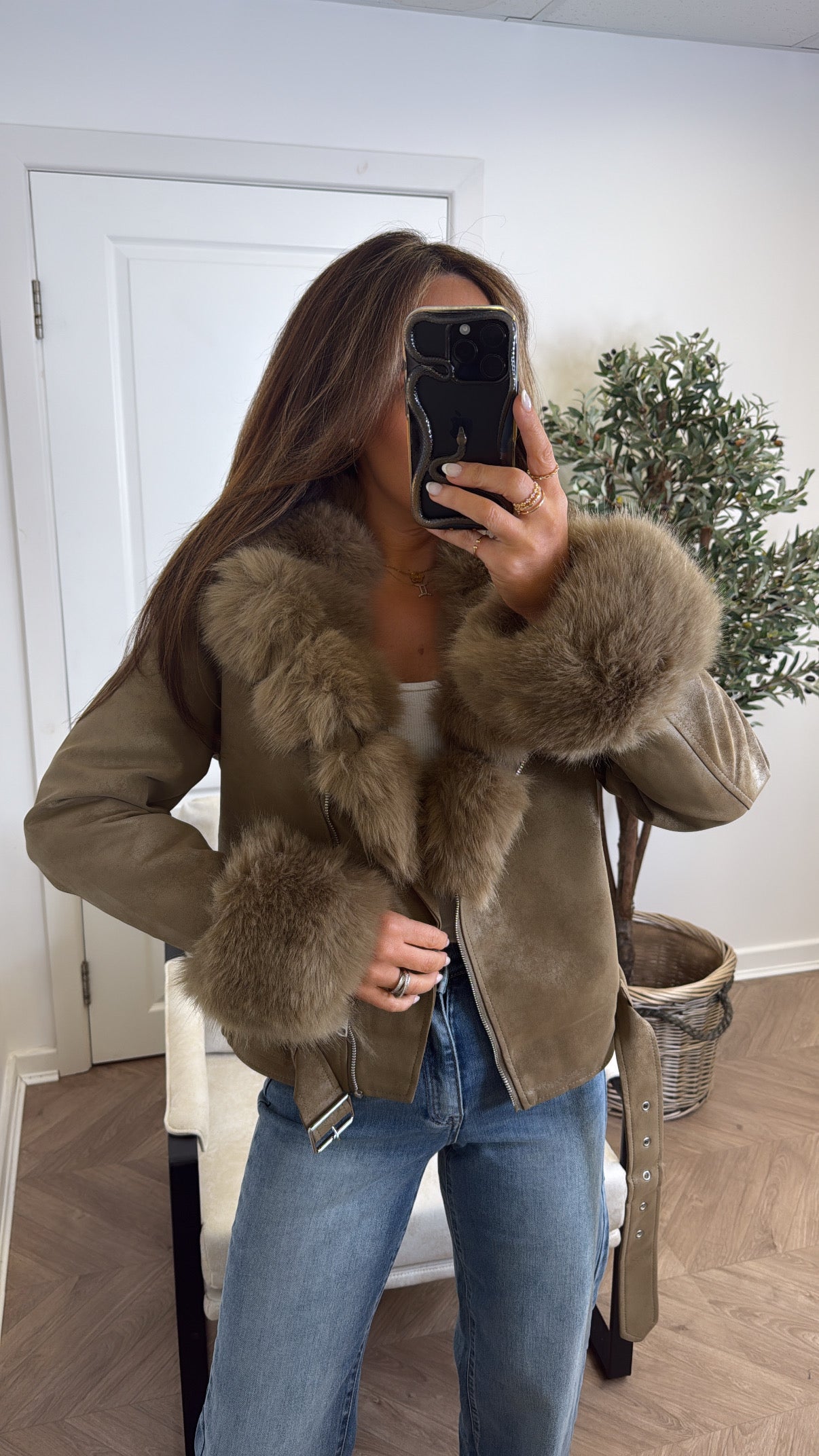 SAMANTHA mocha brown faux leather biker jacket