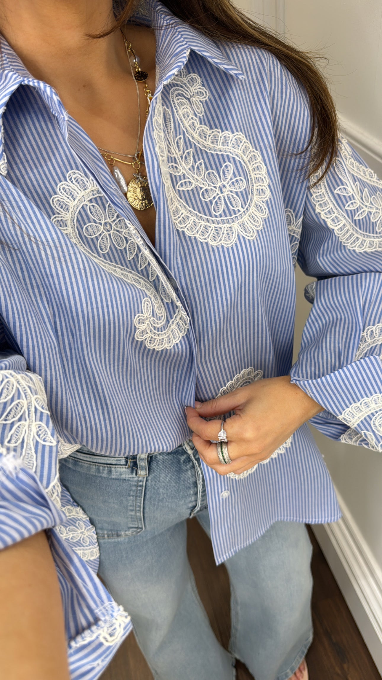 LOLA blue stripe stitched paisley print shirt