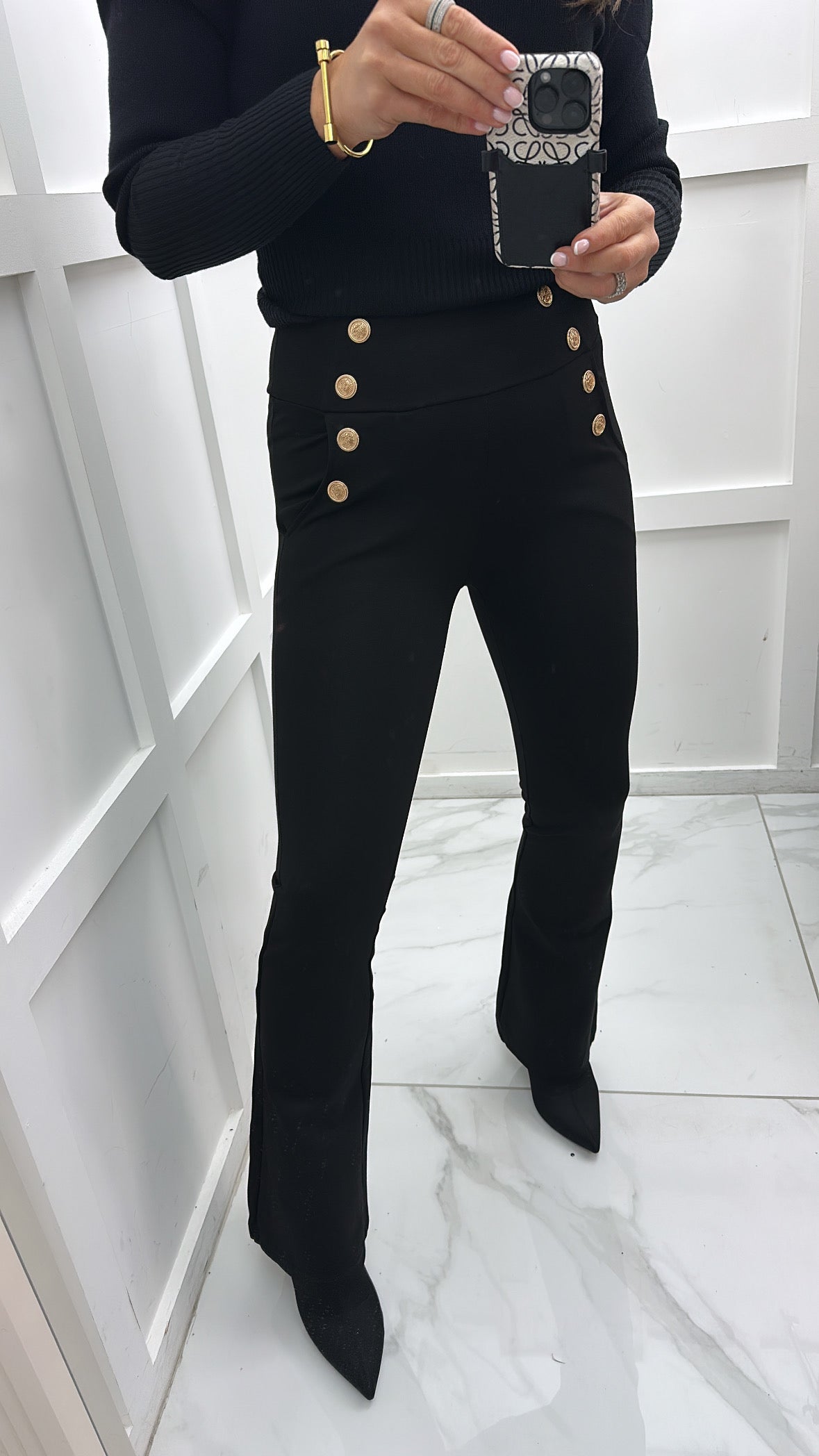 SHANNON black gold button flared pants