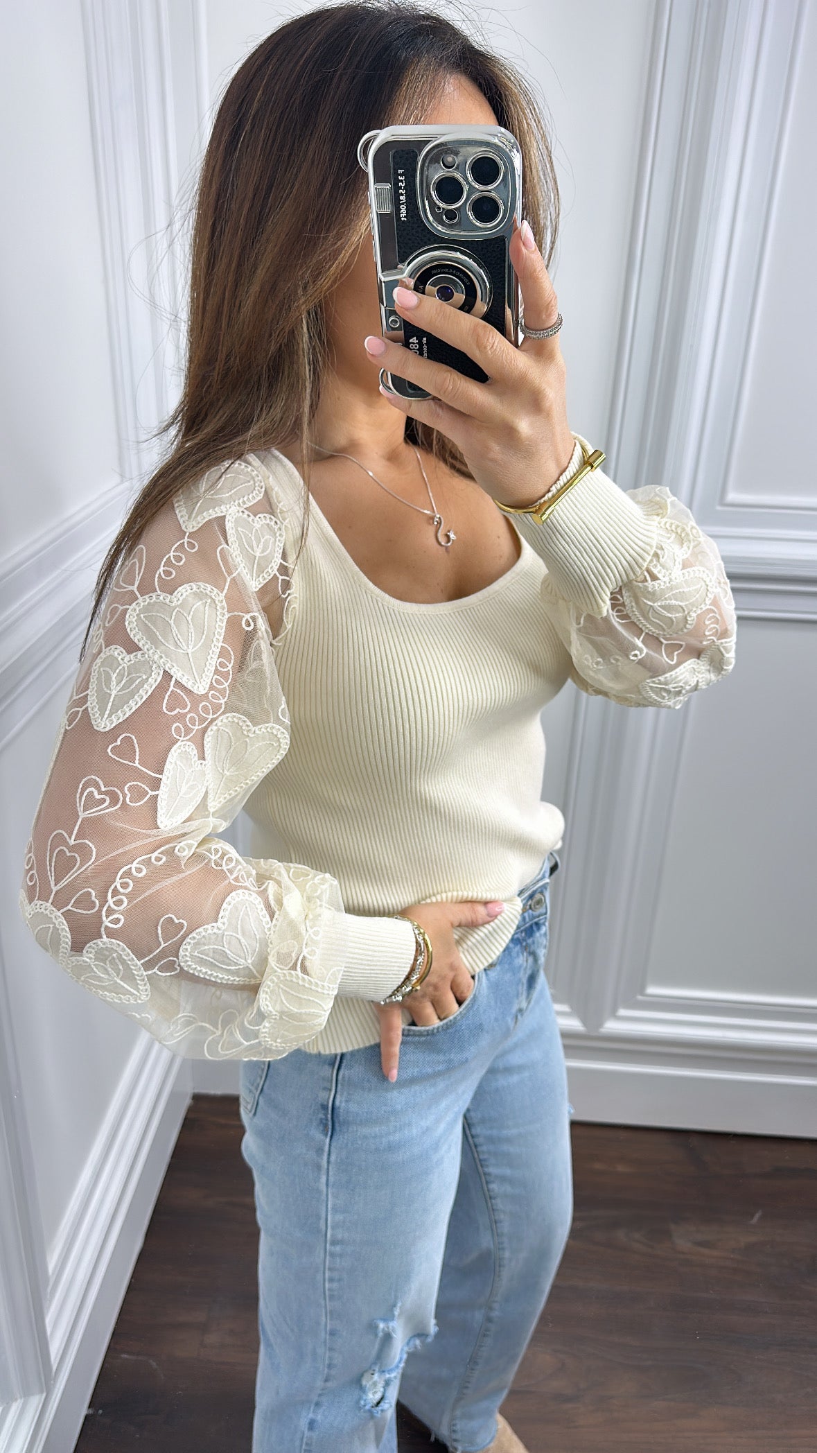 MILA cream sheer sleeve top with heart embroidery