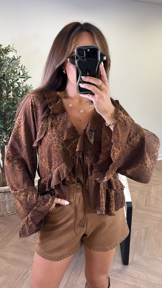 ARABELLA brown leopard ruffle detail blouse