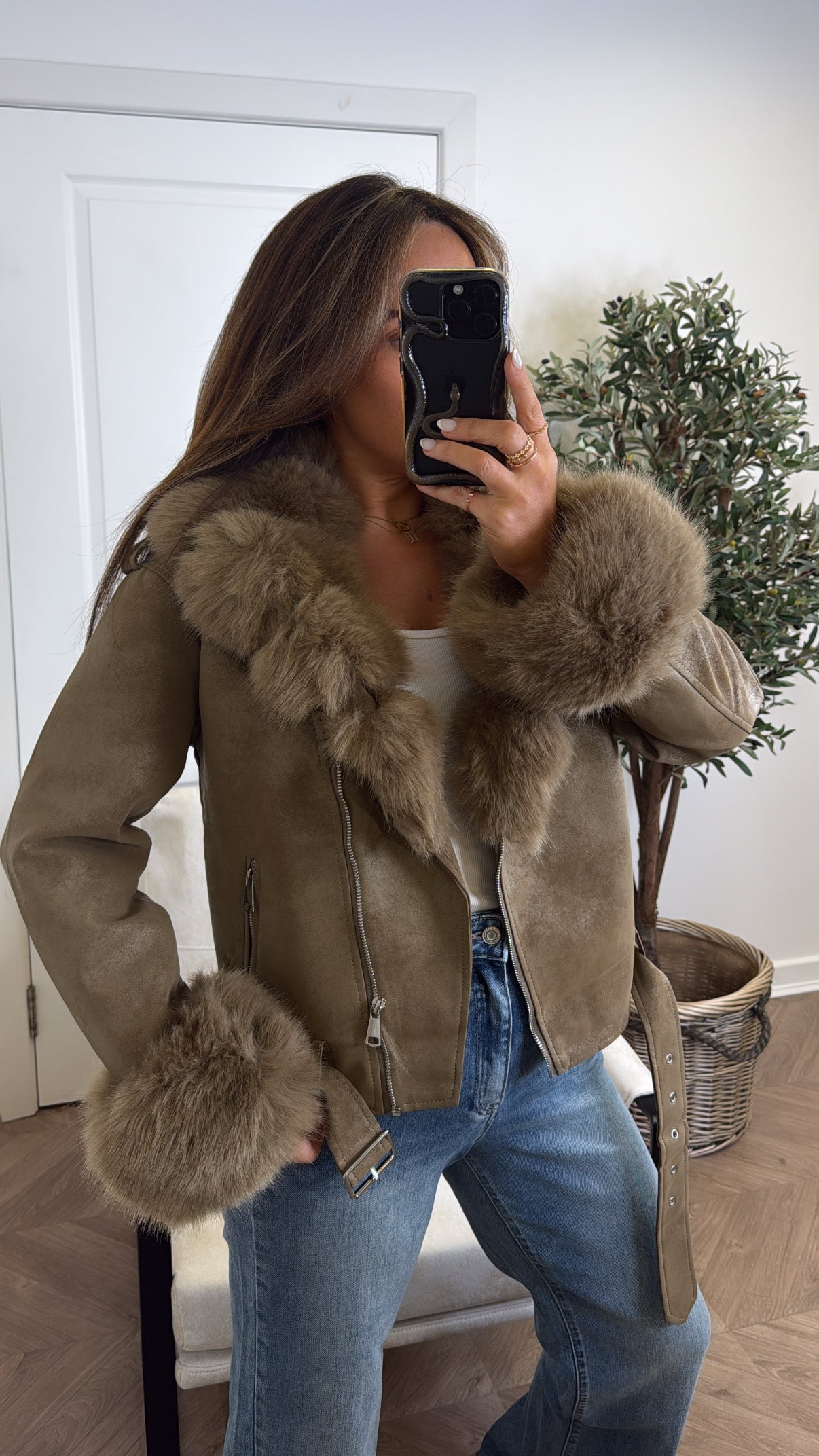 SAMANTHA mocha brown faux leather biker jacket