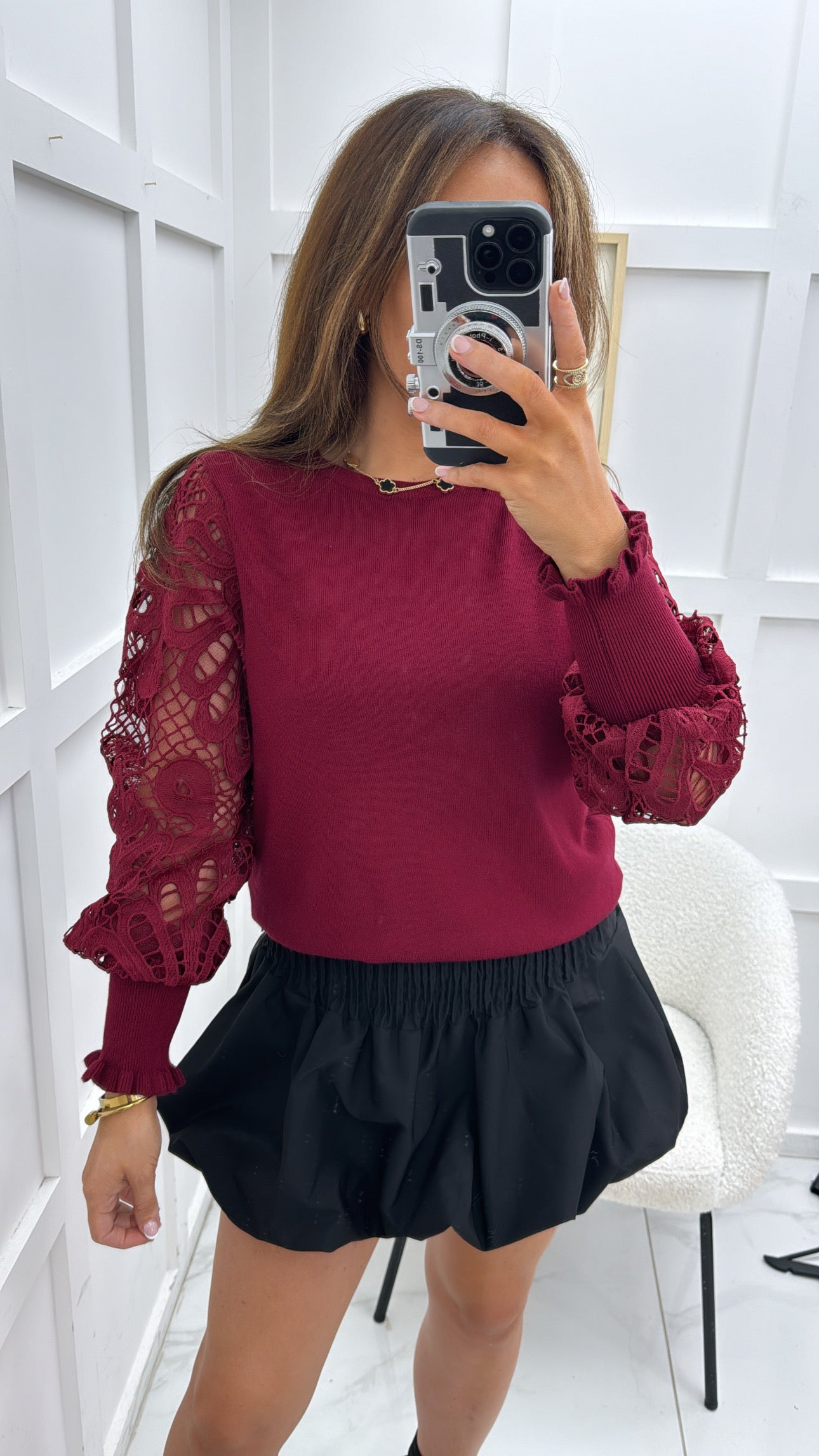 LARA burgundy crochet sleeve fine knit jumper