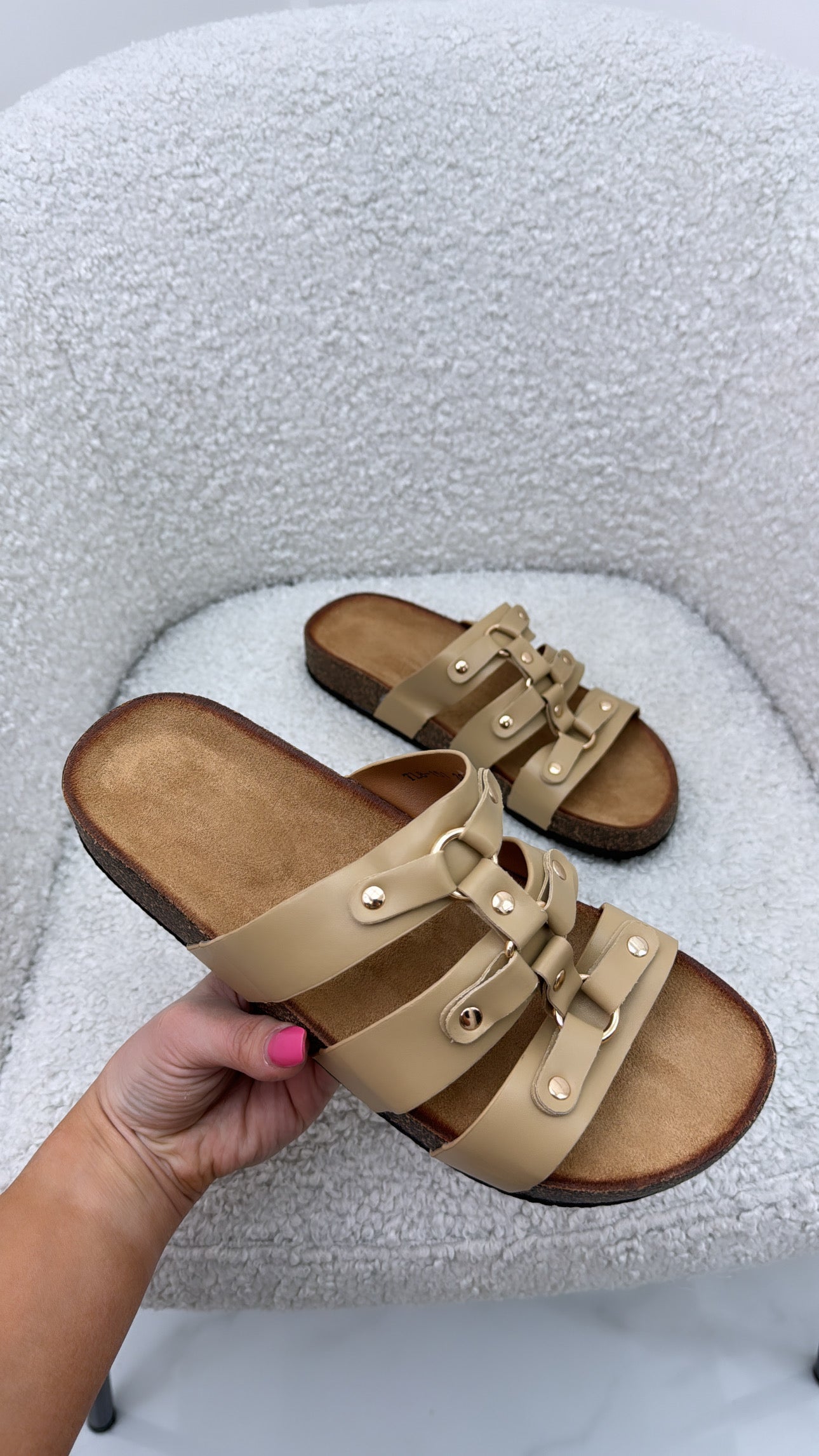 CELINA mocha slider sandals with gold stud detail