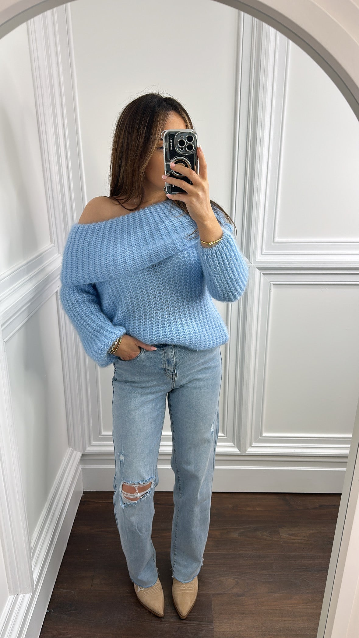 EMILY pale blue off the shoulder fluffy jumper