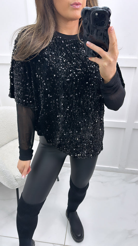 KARA black sequin top with mesh sleeves