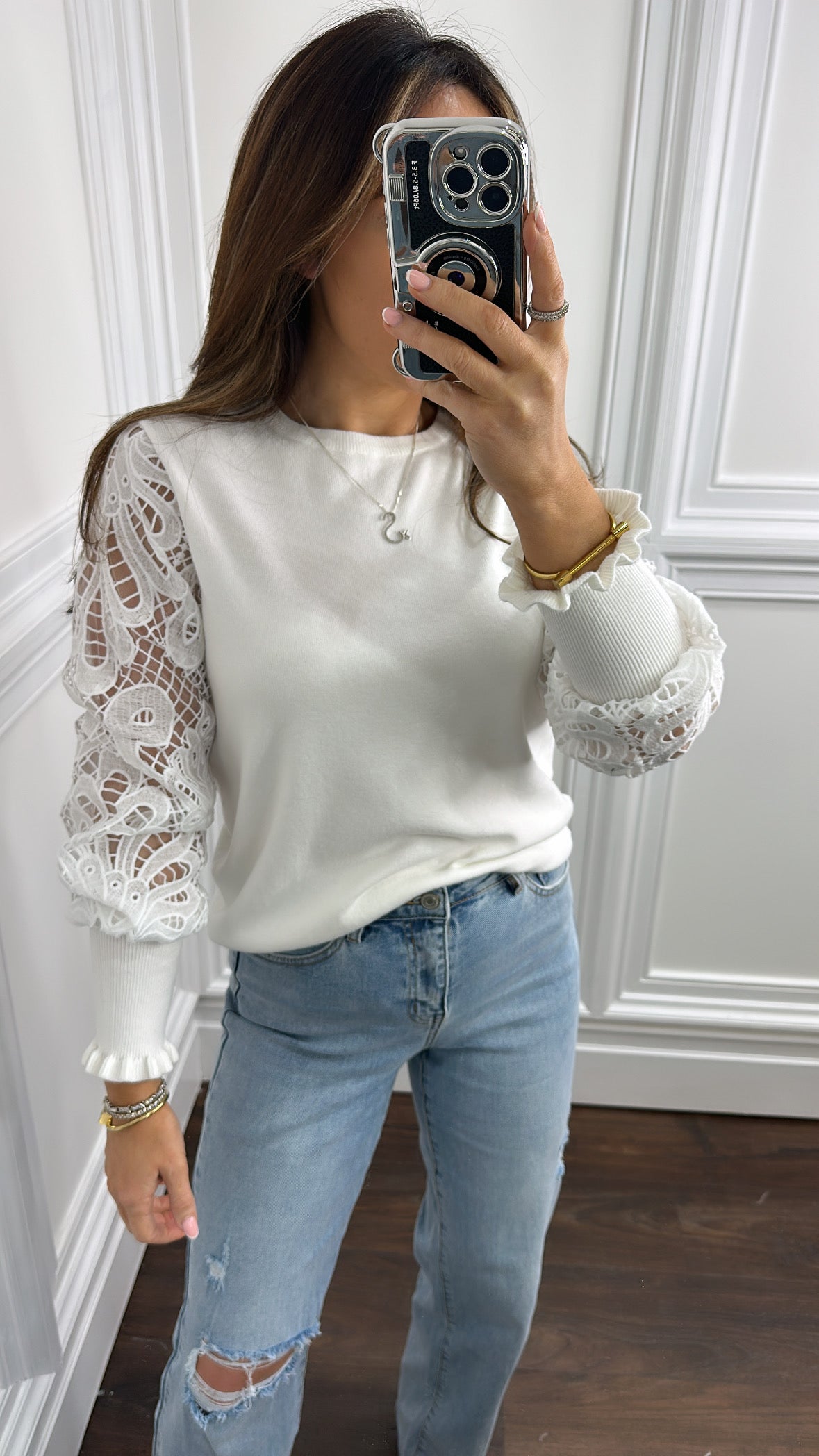 LARA white crochet sleeve fine knit jumper