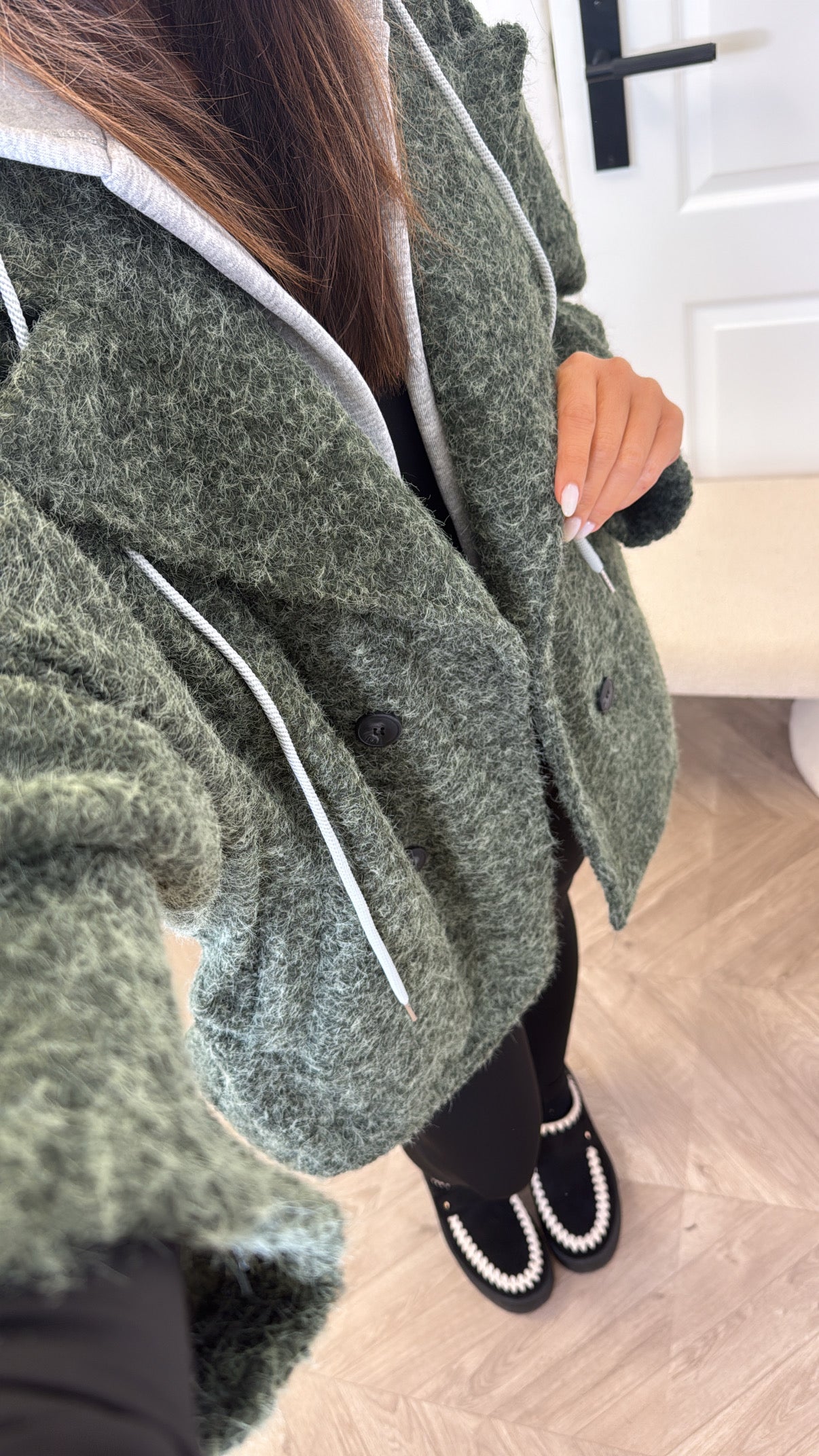 BREA khaki short duster jacket with integral hoody