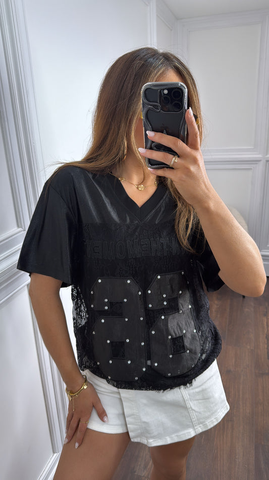 OWN THE MOMENT black lace basketball top