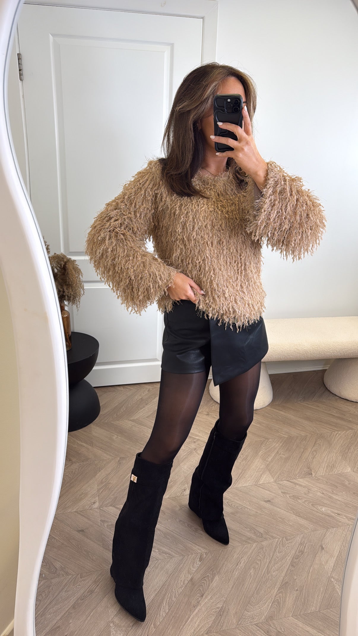 RIA beige fluffy long sleeve top