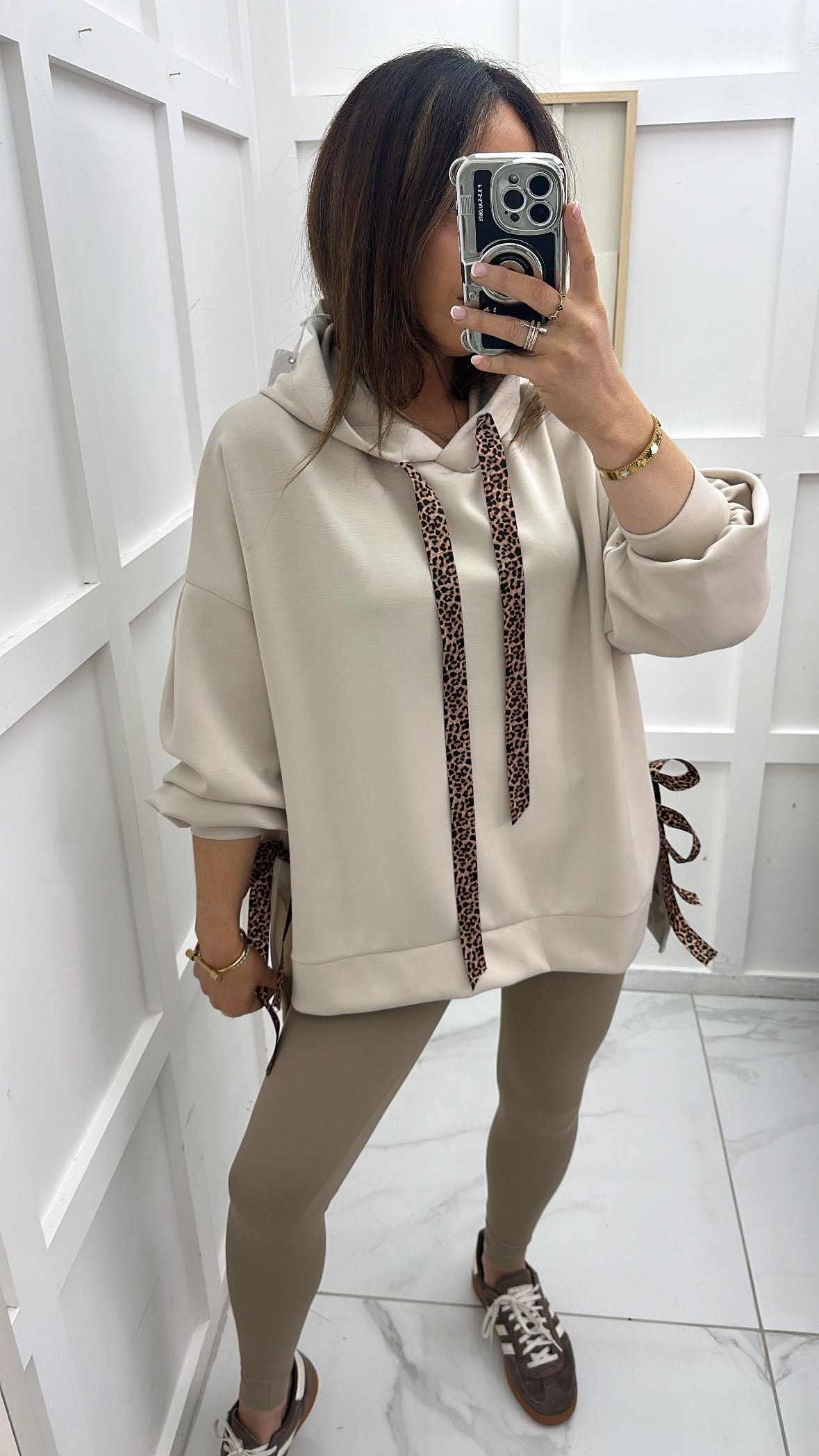 LILAH beige soft leopard tie hoody