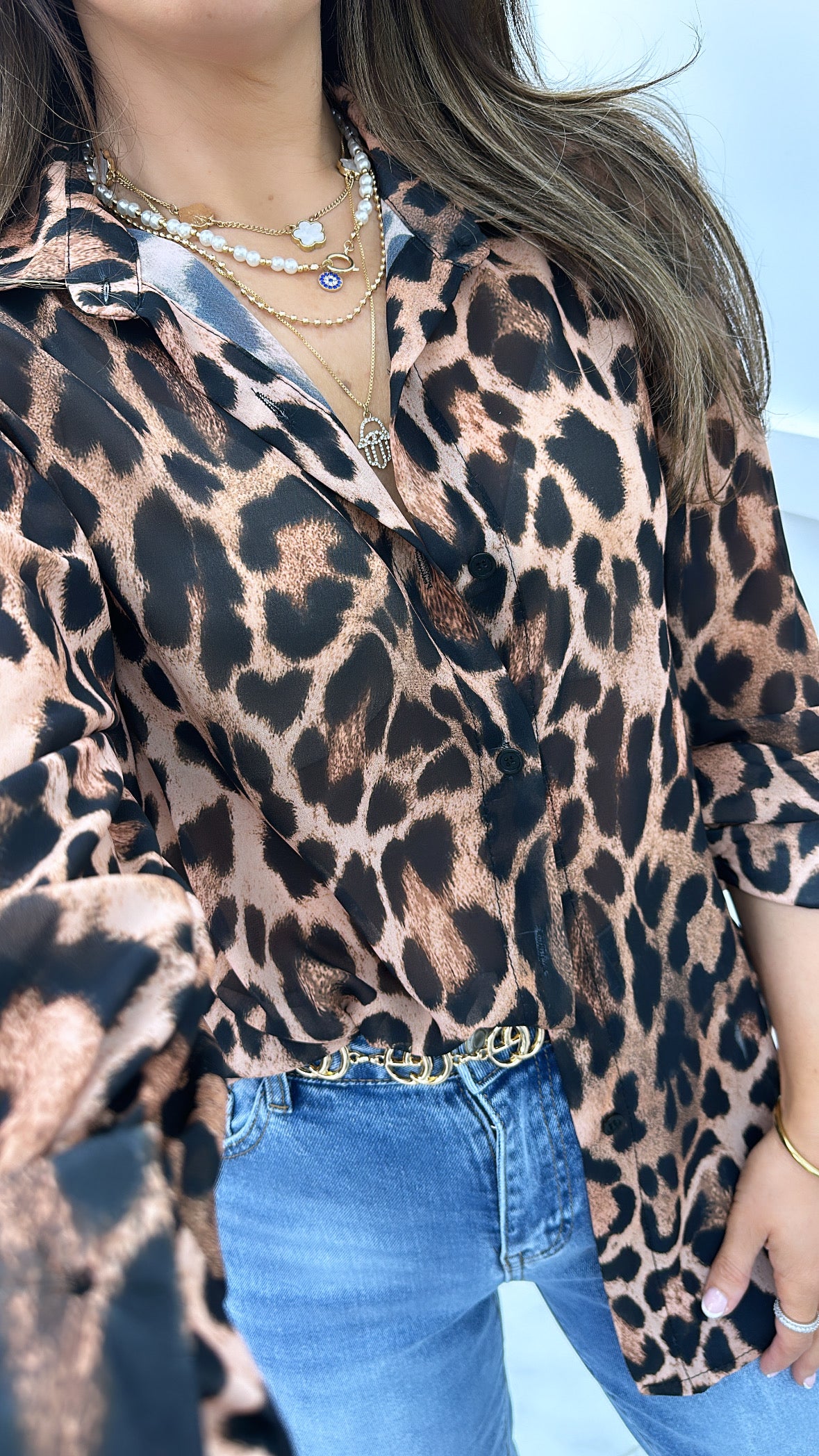 LEO leopard print sheer button blouse