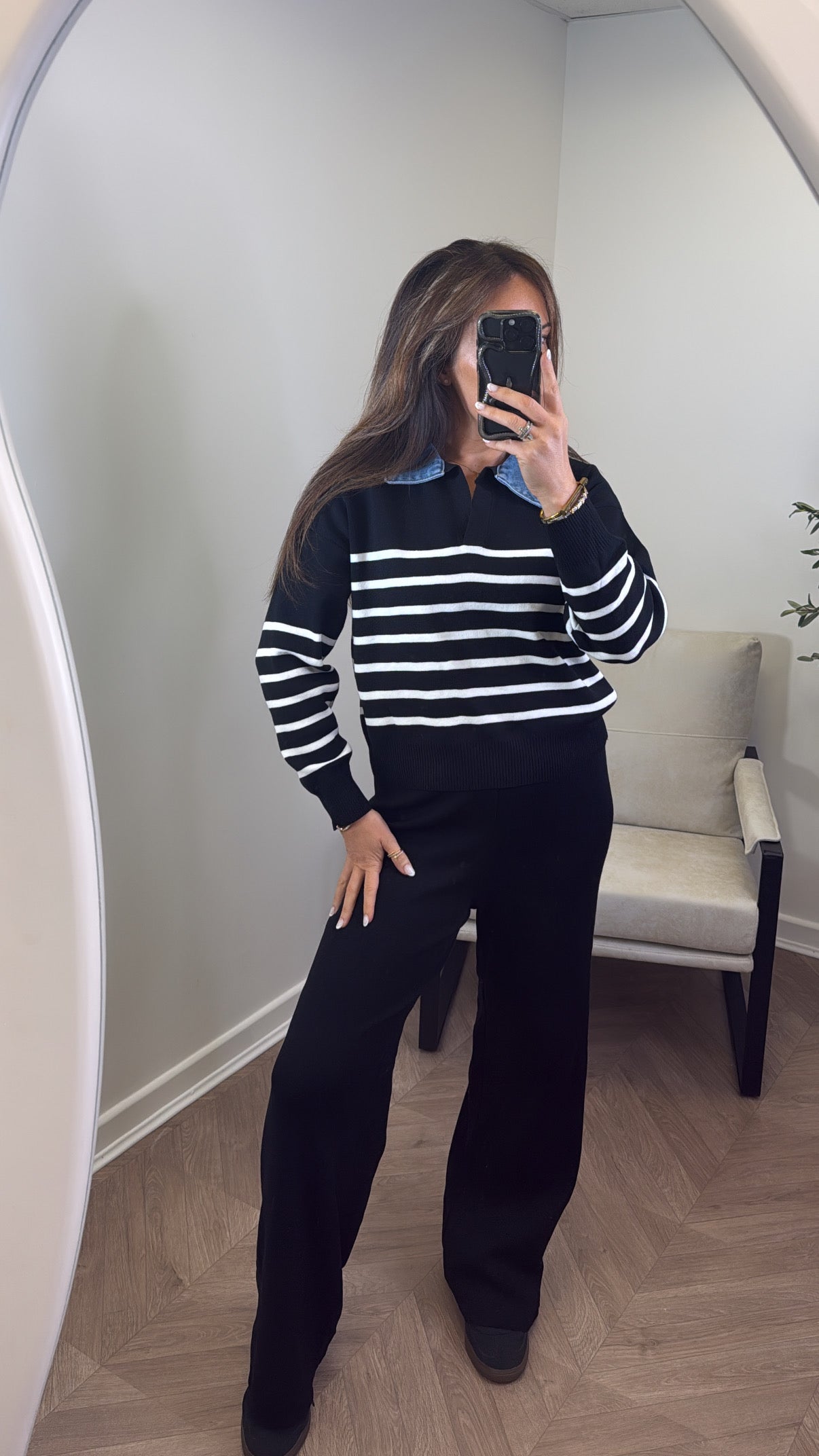 JODIE black striped denim contrast knitted lounge set