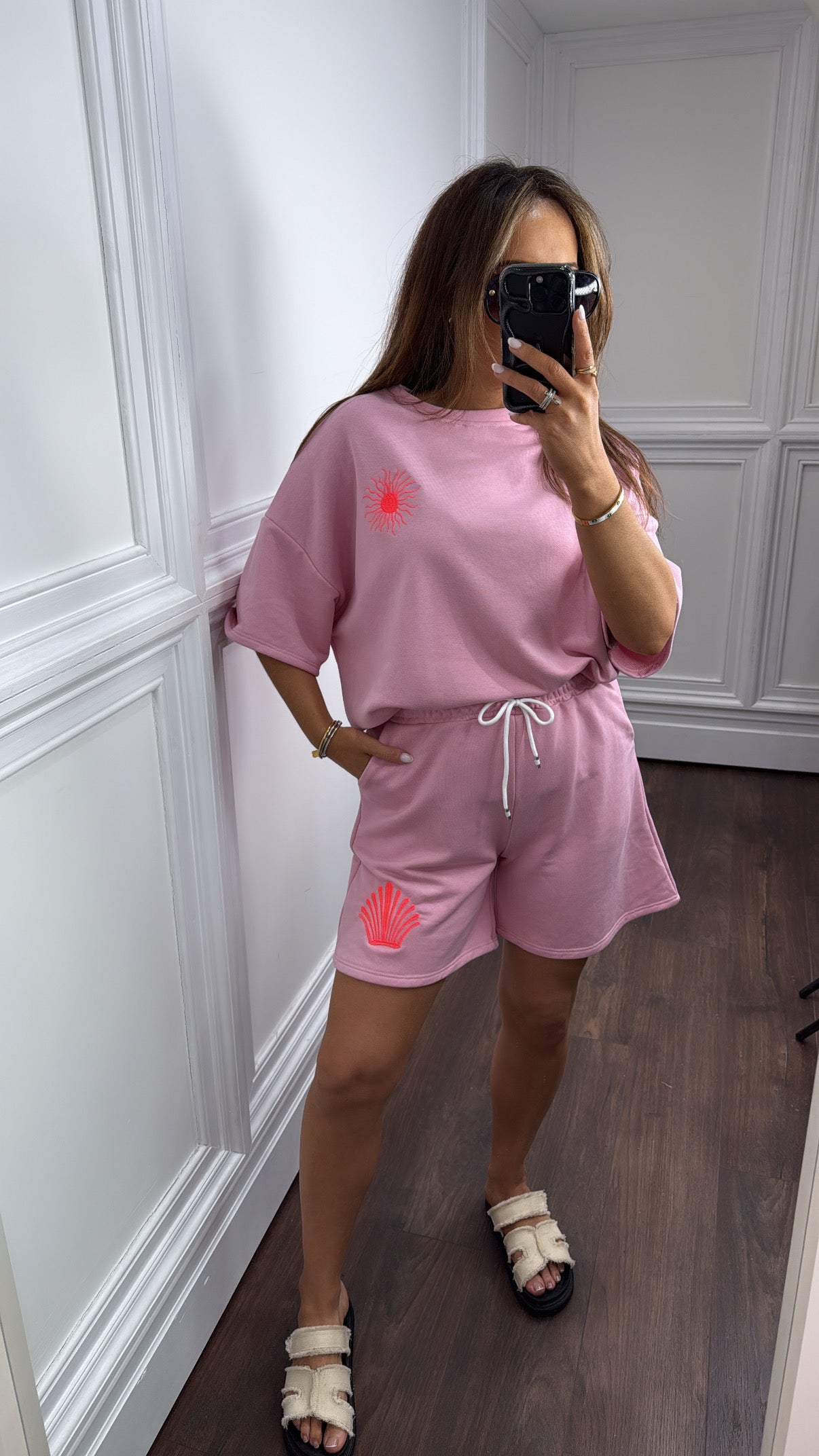 SUN AND SHELL pink oversize shorts co-ord