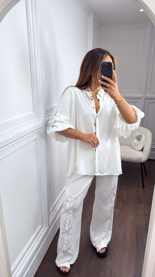 MISSY white with black printed floral design top and trousers co-ord