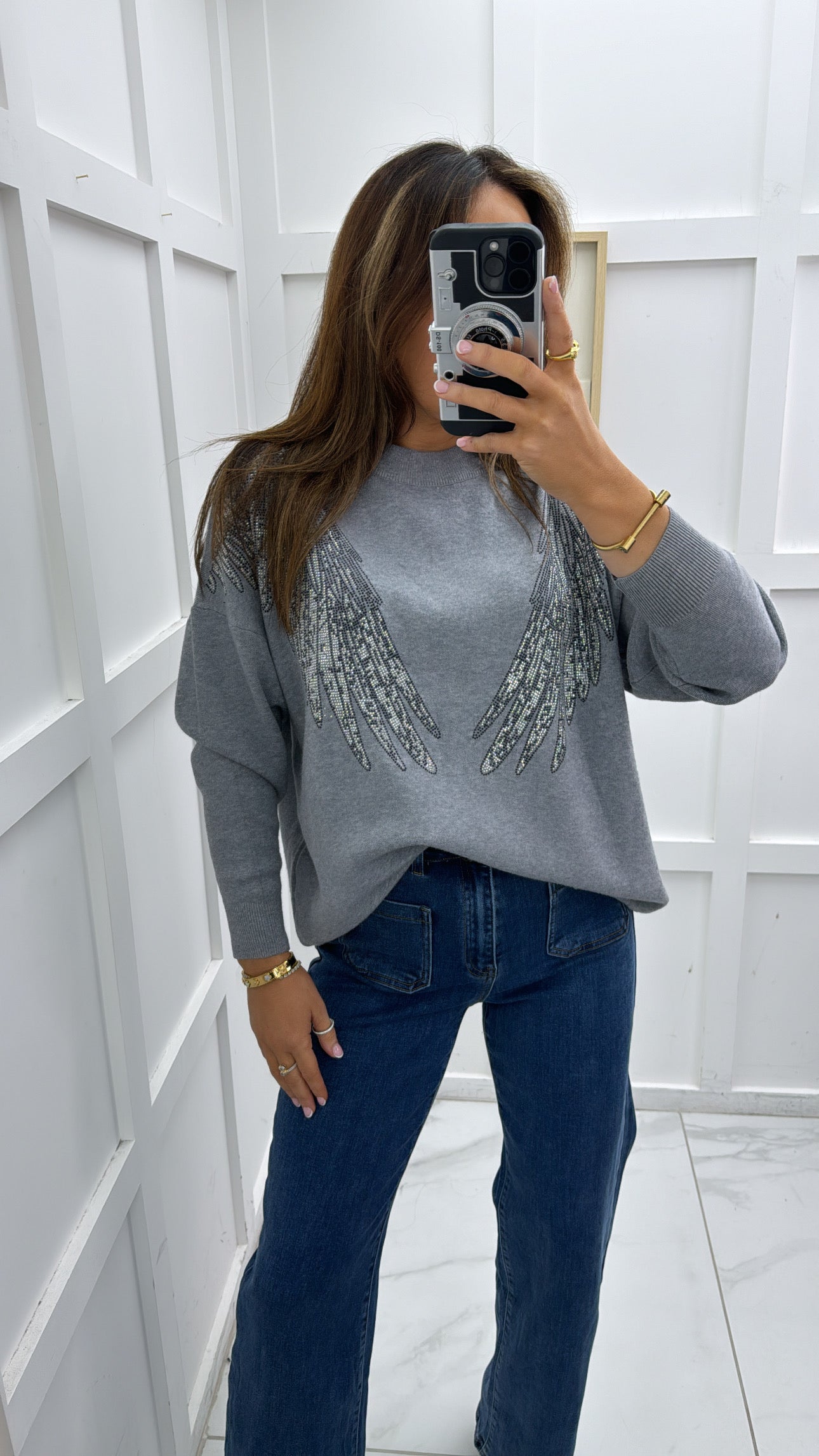 SHARNA grey embellished angel wing jumper