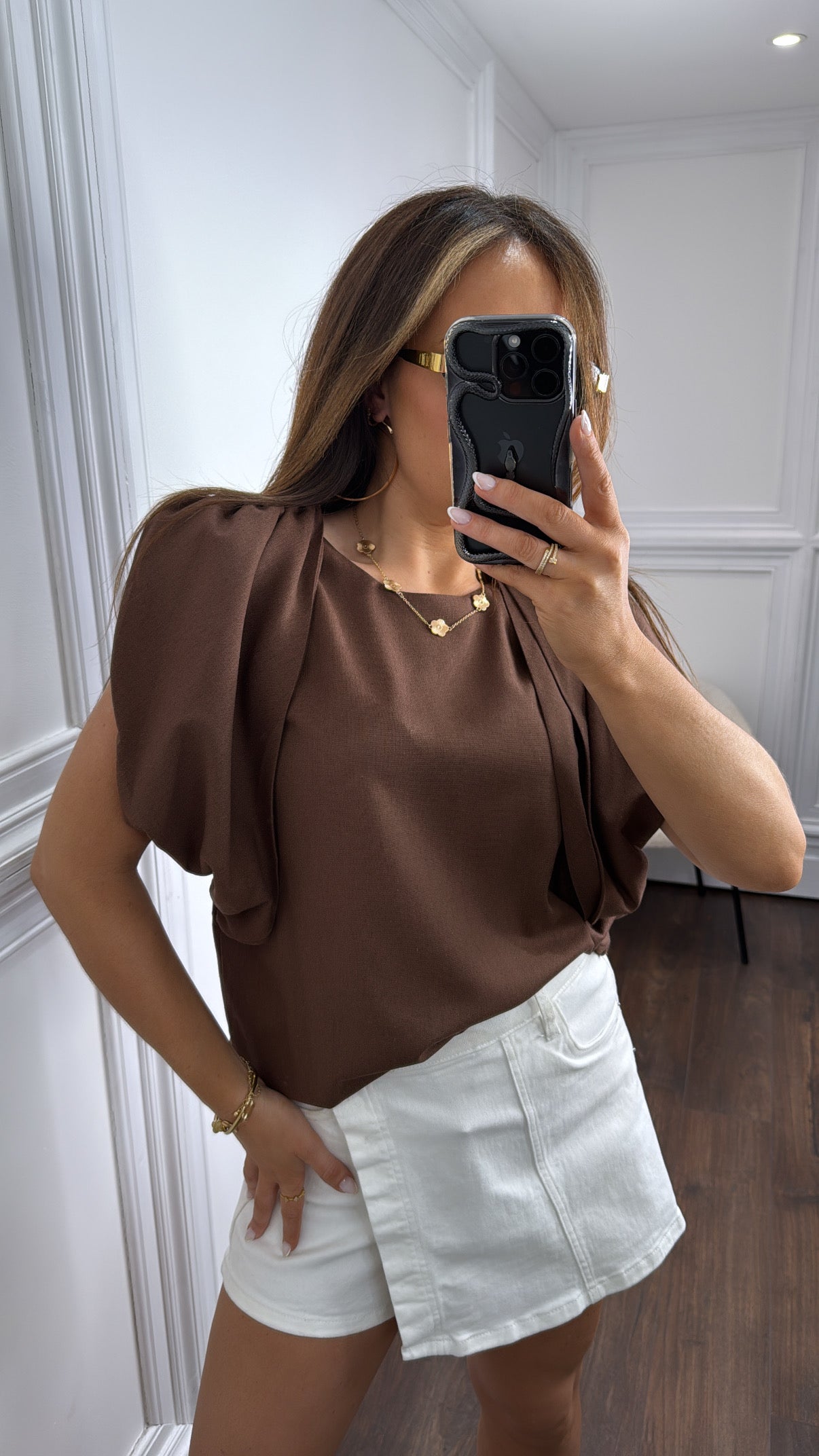 IVY brown linen look drape detail top