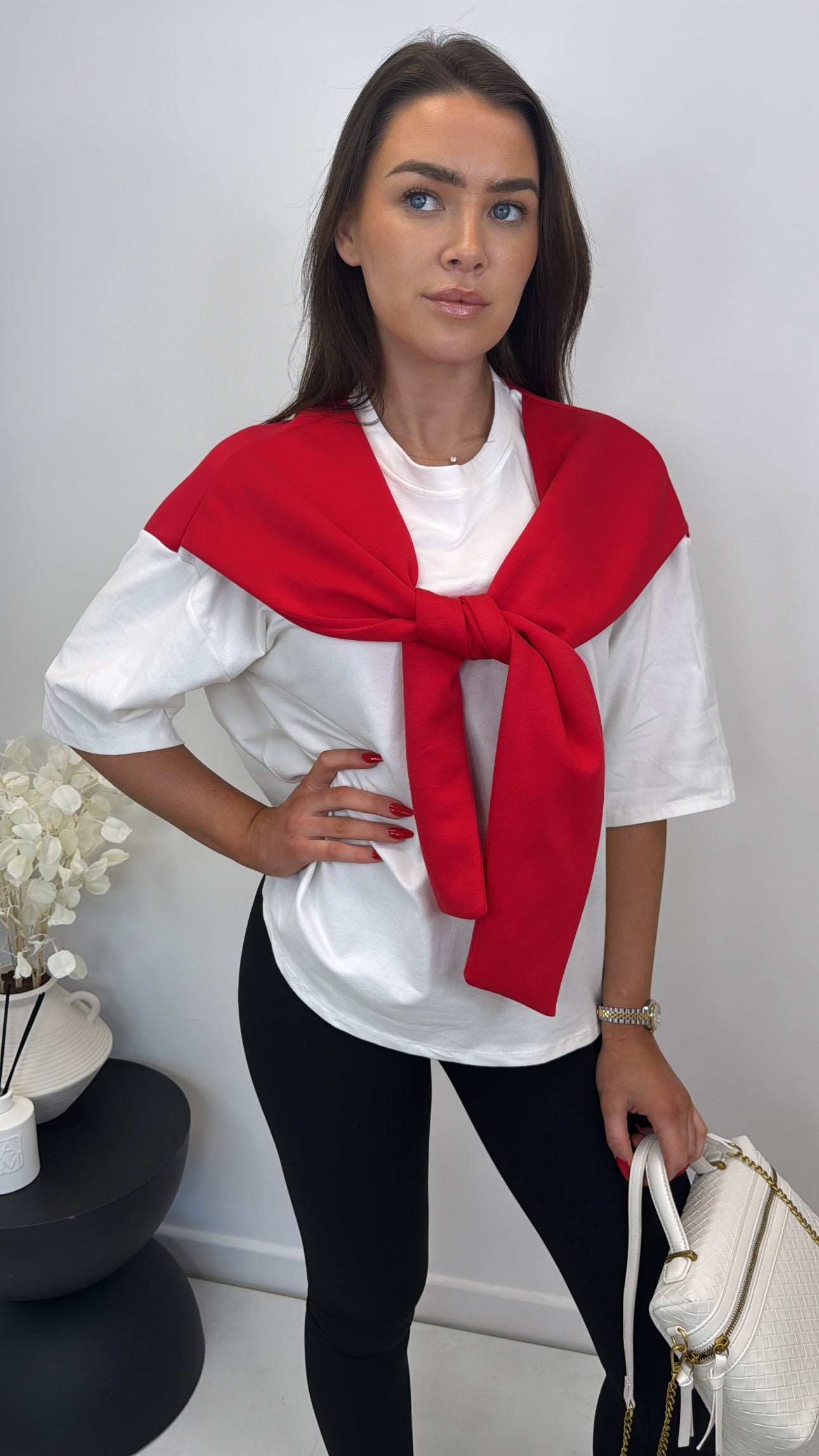 OPAL red and white t-shirt with tie detail