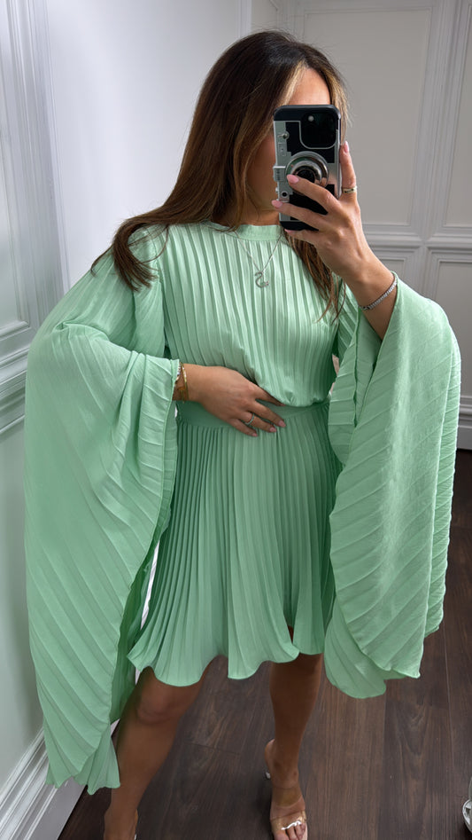 VIOLET green pleated drape sleeve dress
