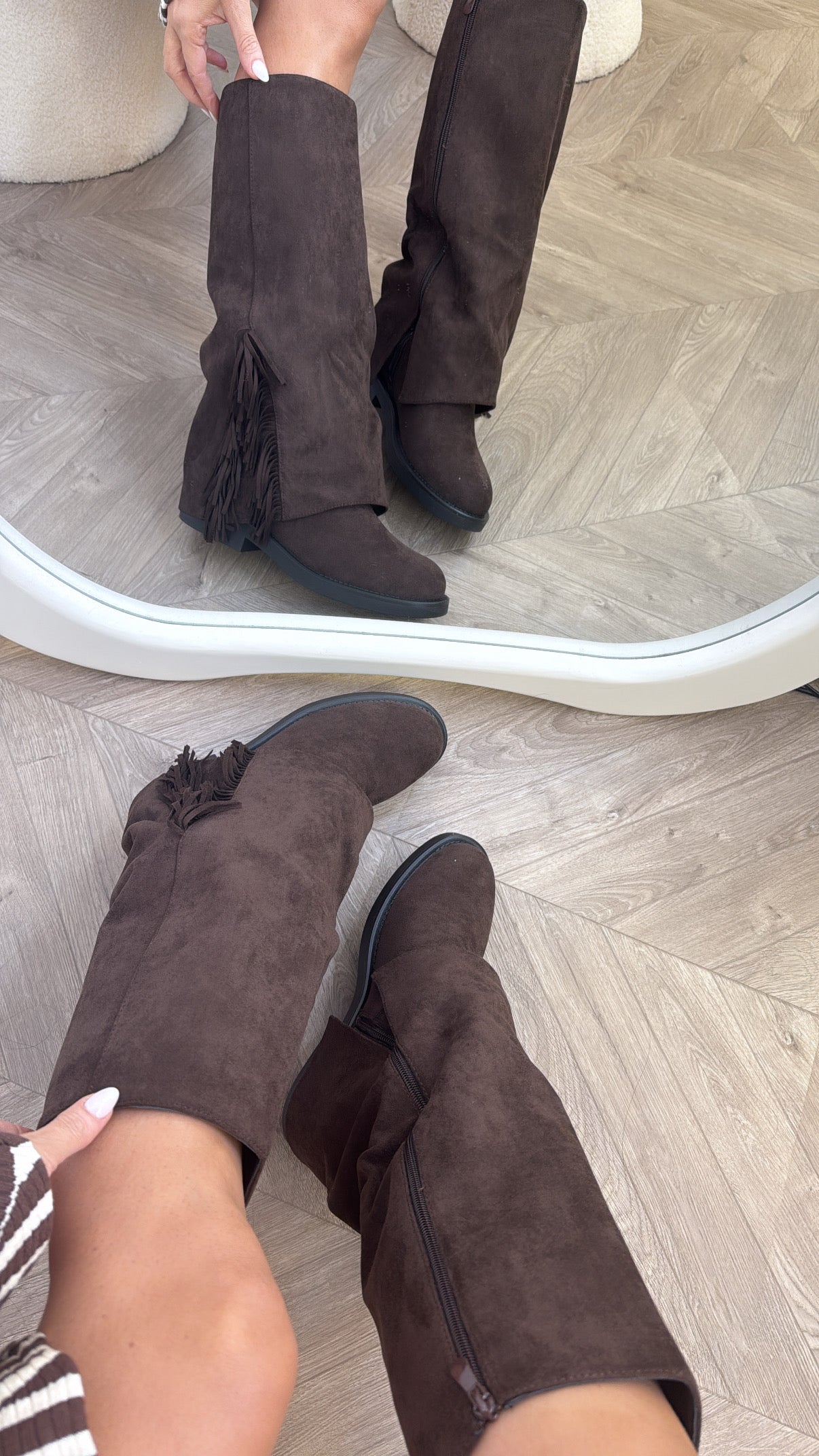 AMAYA brown faux suede tassle boots