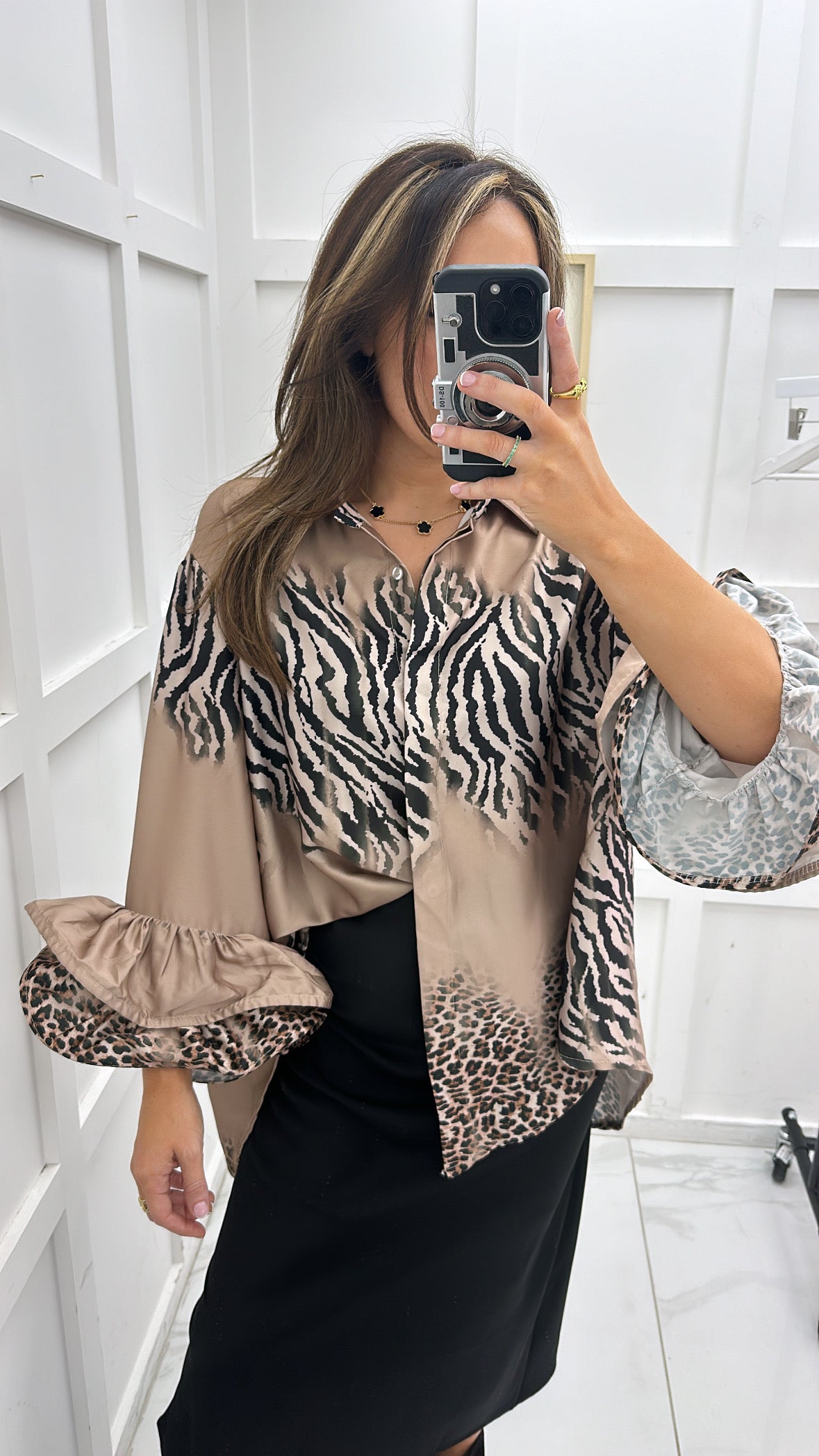 NICOLE gold zebra and leopard print satin shirt with frill sleeves