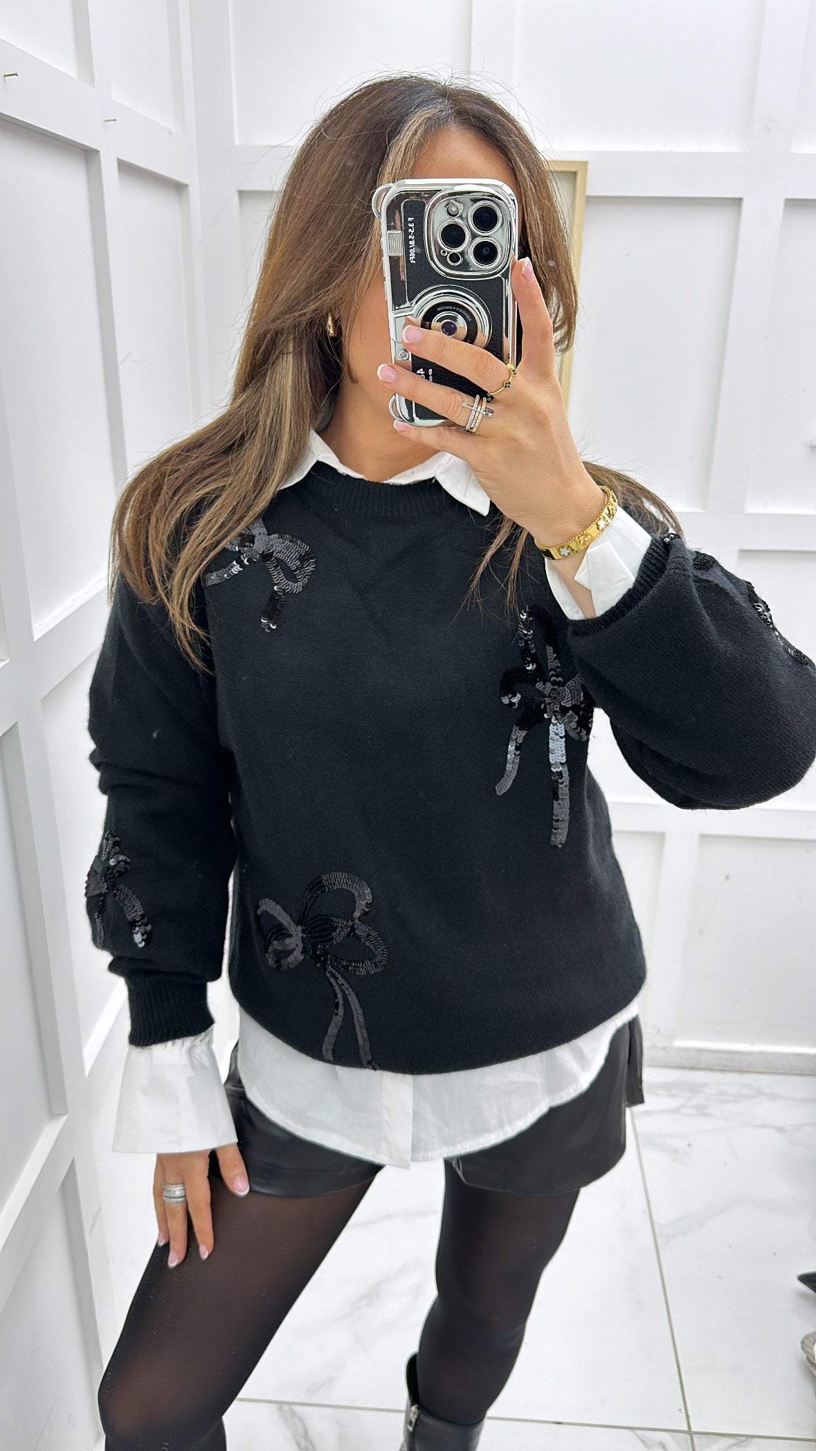 JAZMINE black knit jumper with sequin bows