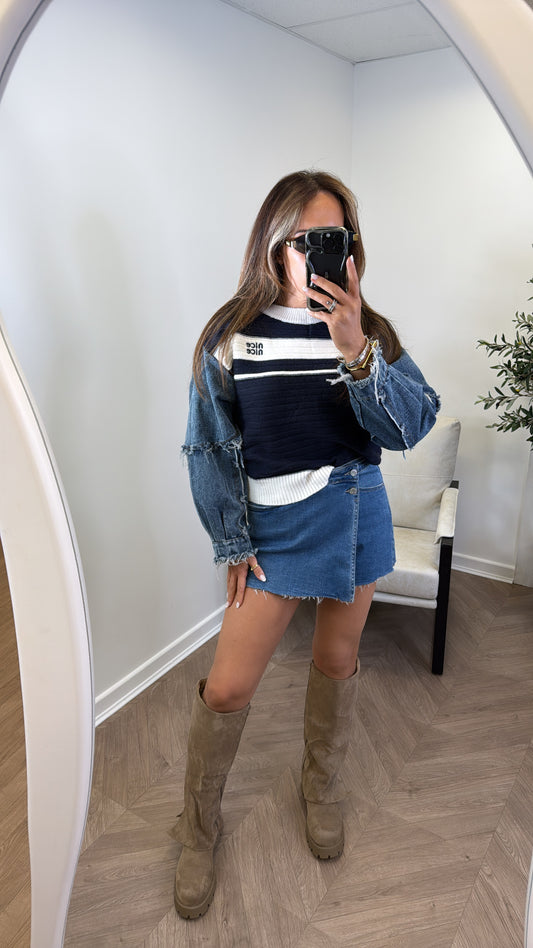 NICE navy striped and contrast denim sleeve jumper
