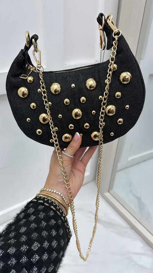 LOLA black shoulder bag with gold stud detail