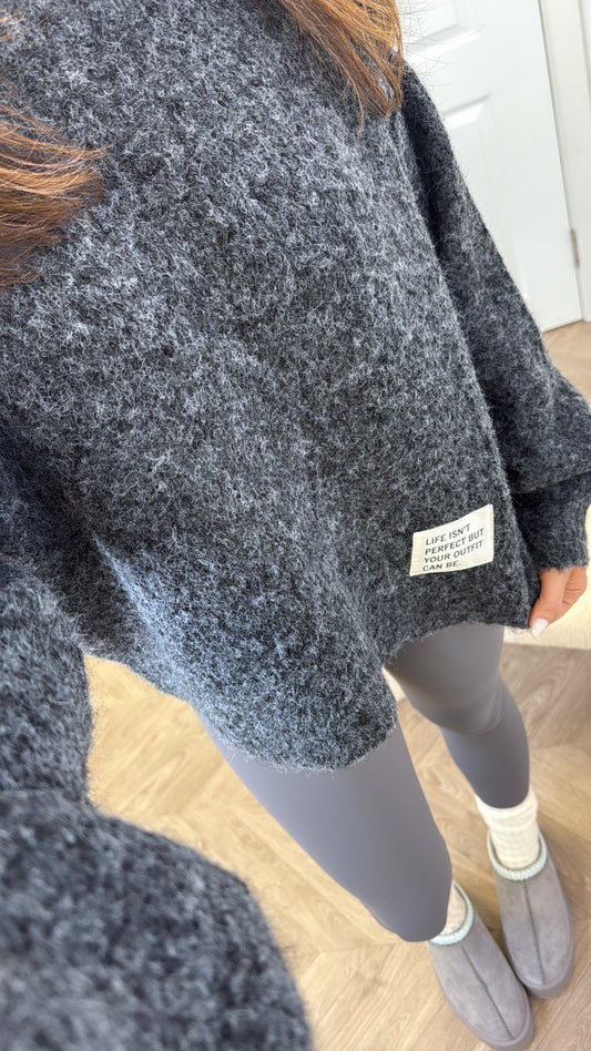 PIPER charcoal life slogan soft knit jumper