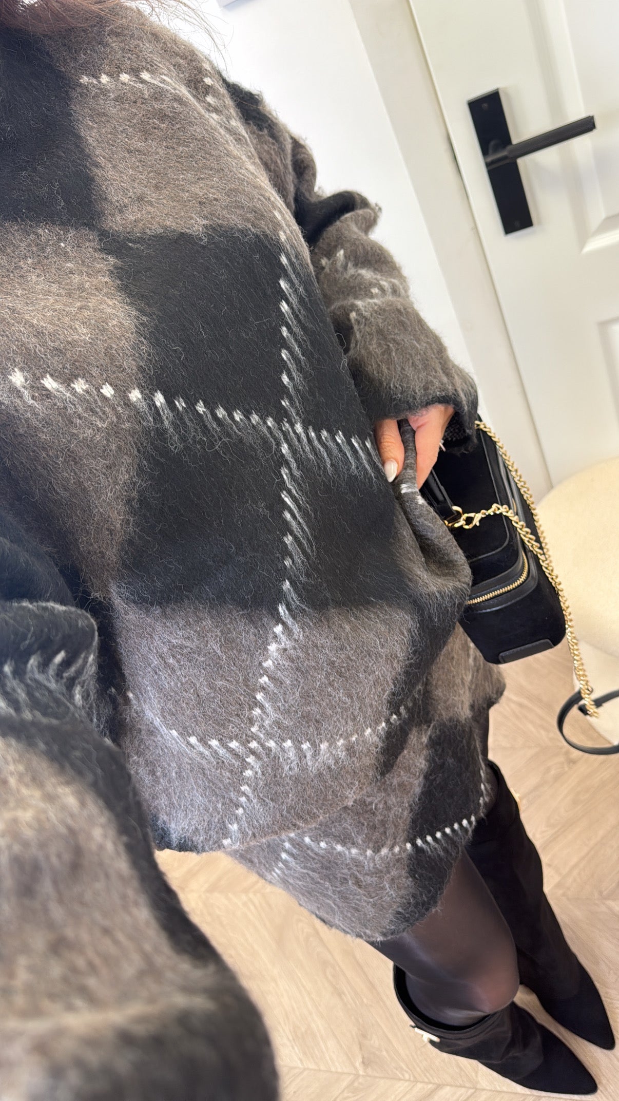 ELSIE black and grey argyle check soft knit jumper