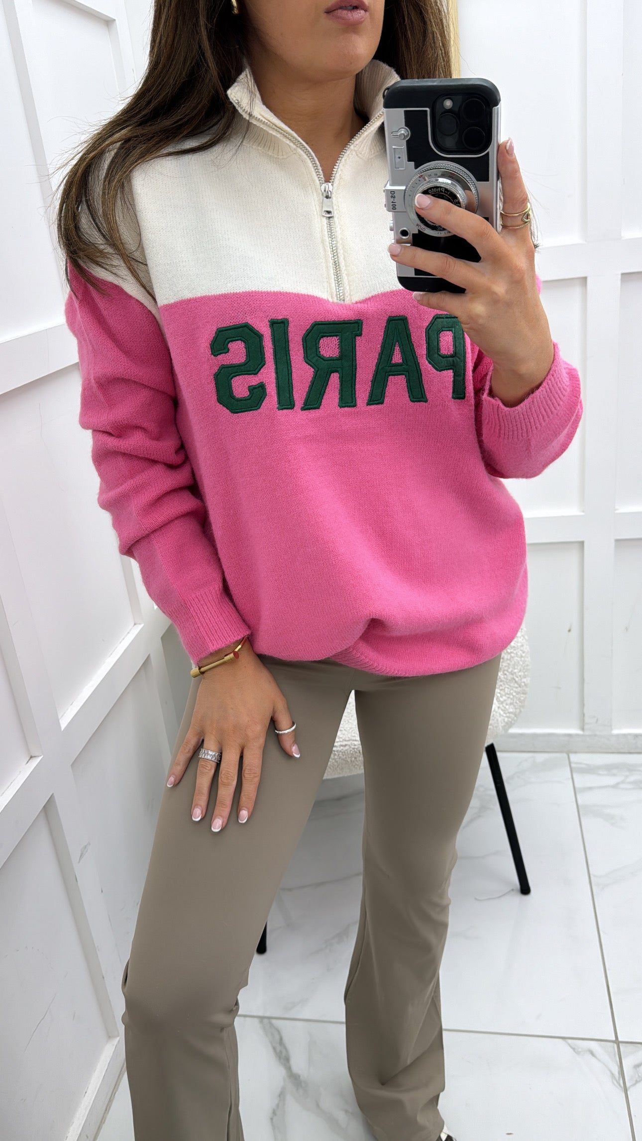 PARIS cream and pink half zip sweater