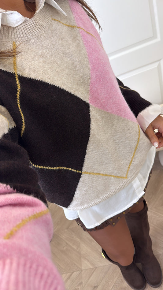 POPPY beige and pink argyle jumper