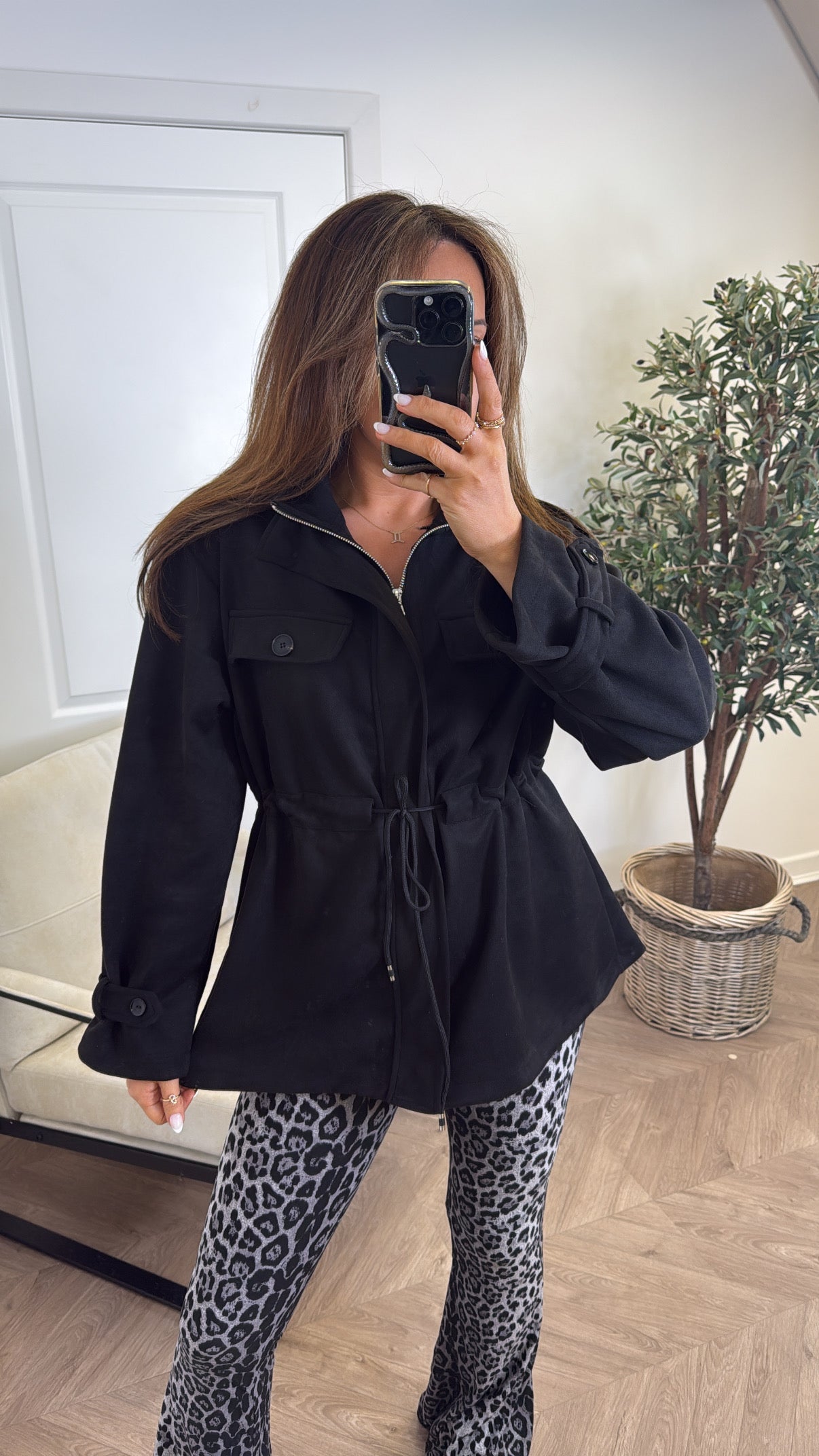 ABBEY black faux suede tie waist jacket