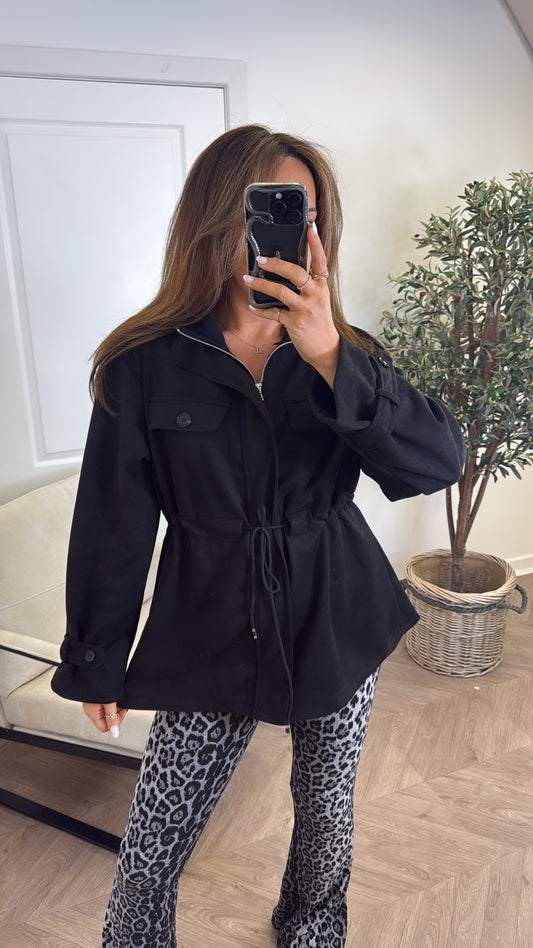 ABBEY black faux suede tie waist jacket
