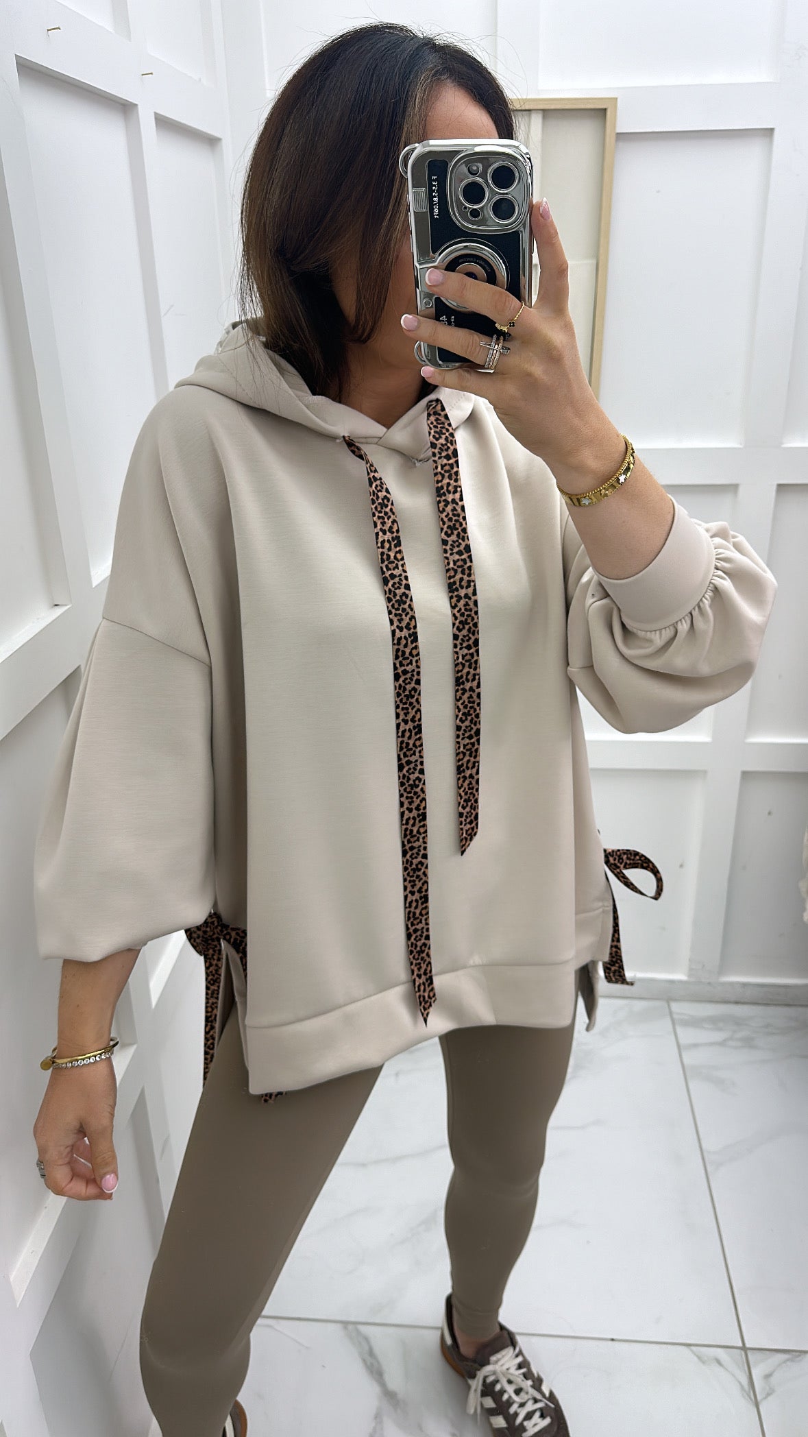 LILAH beige soft leopard tie hoody