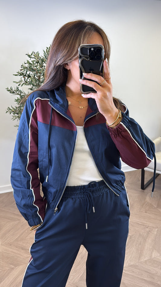 AVA navy and burgundy colourblock tracksuit