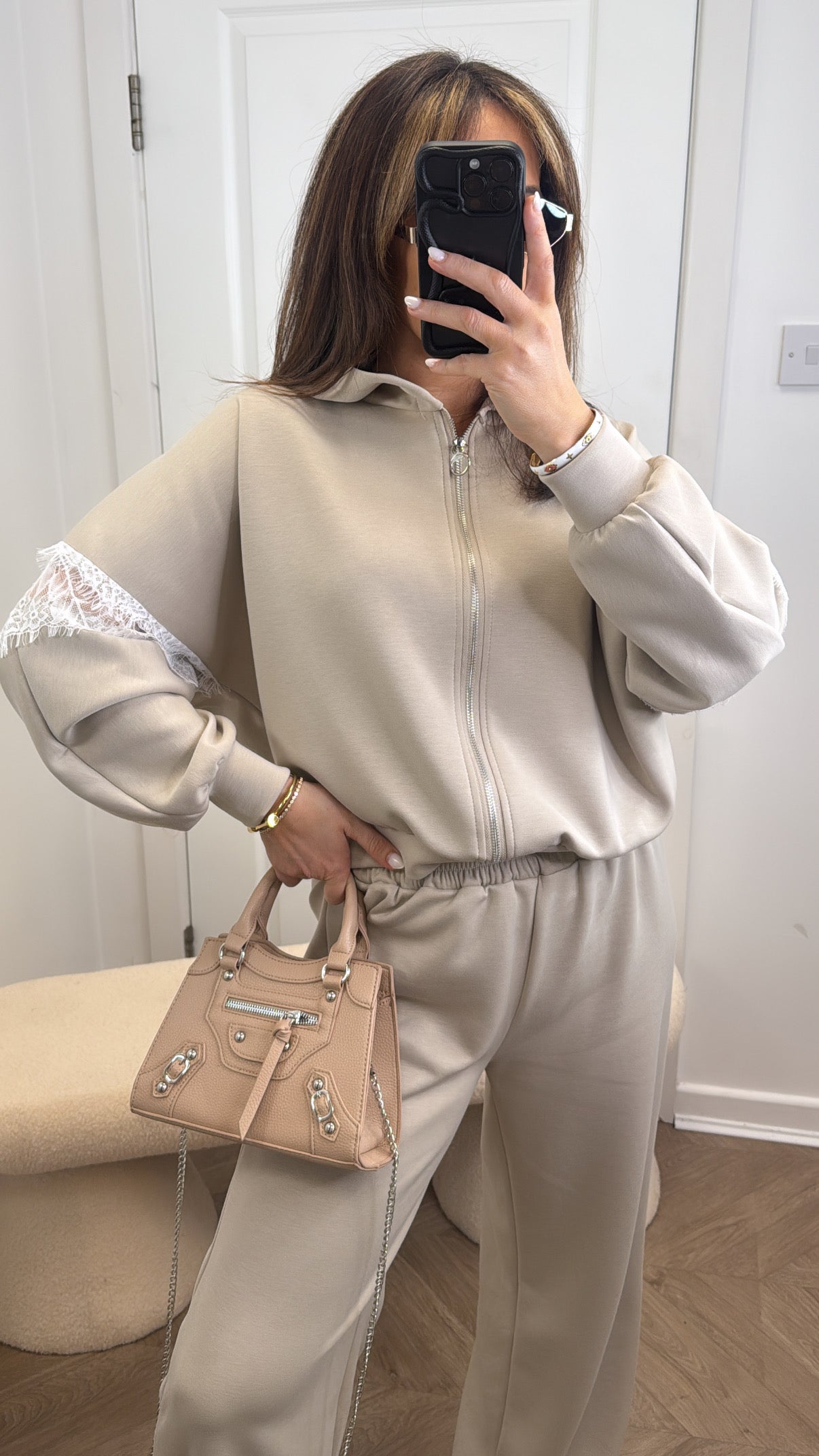DELILAH beige lace detail tracksuit