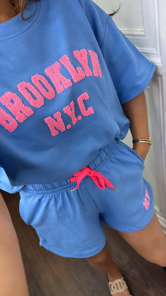 BROOKLYN blue jersey shorts and t-shirt co-ord