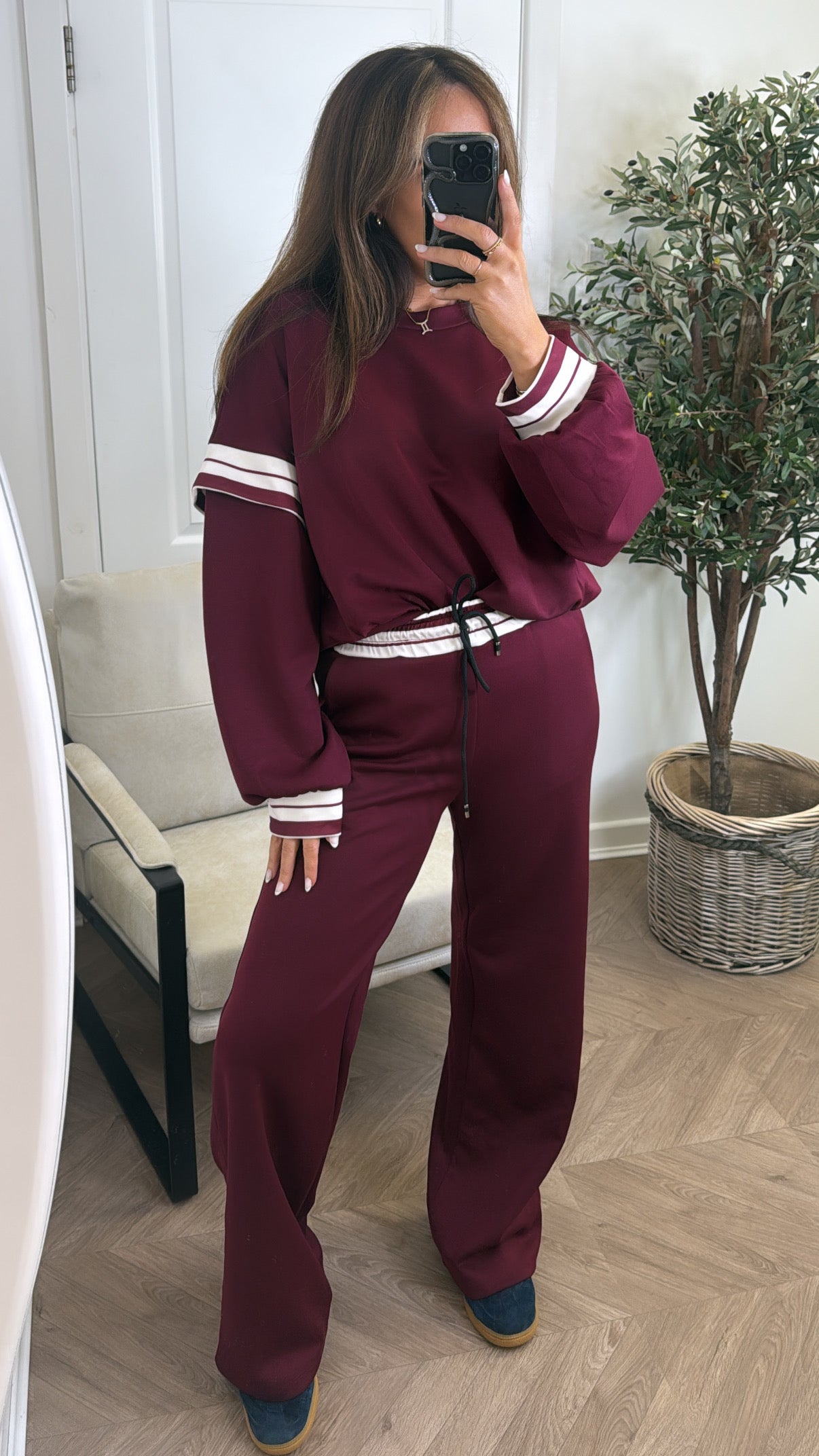 GINA cherry red contrast stripe top and wide leg joggers tracksuit