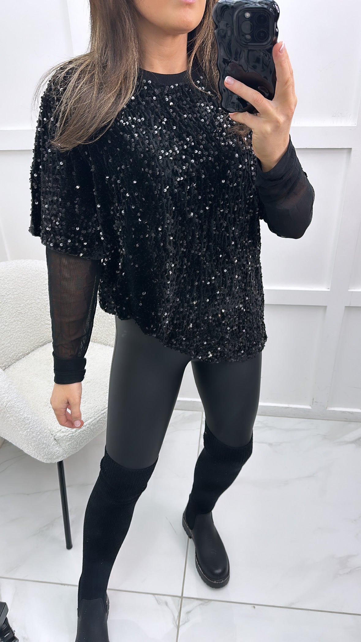 KARA black sequin top with mesh sleeves