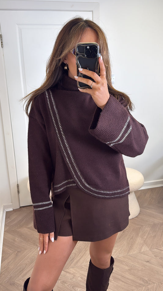 POPPY brown soft knit jumper with seam detailing