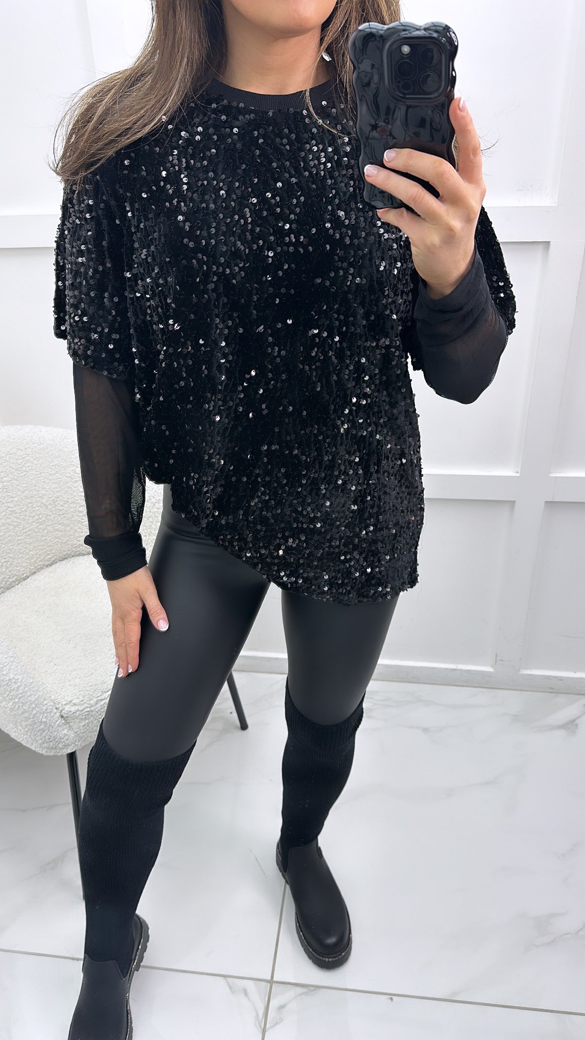 KARA black sequin top with mesh sleeves